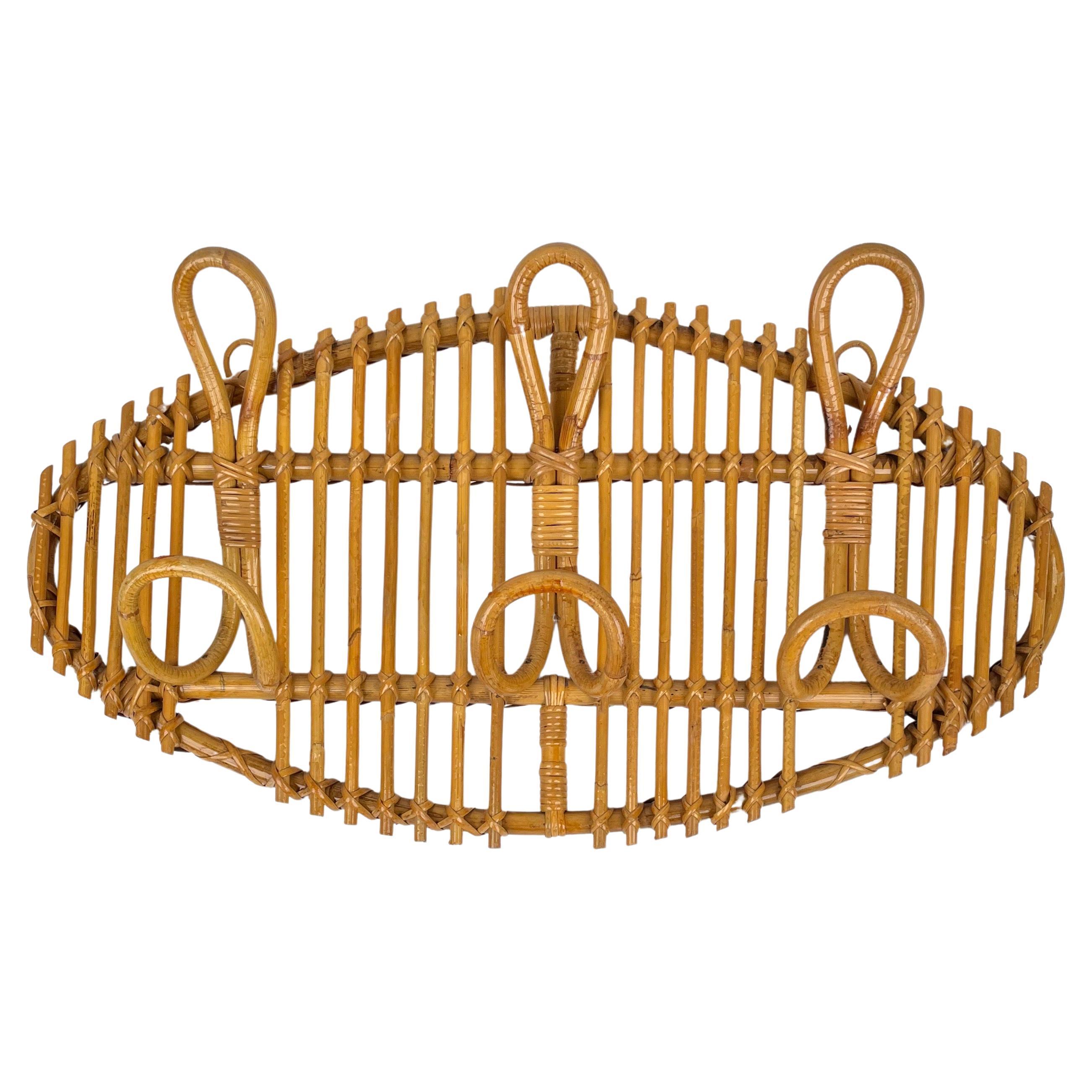 Midcentury Oval Vintage Rattan & Bamboo Coat Rack Stand, Italy, 1960s