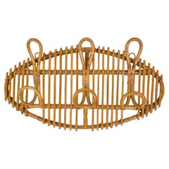 Midcentury Oval Vintage Rattan & Bamboo Coat Rack Stand, Italy, 1960s