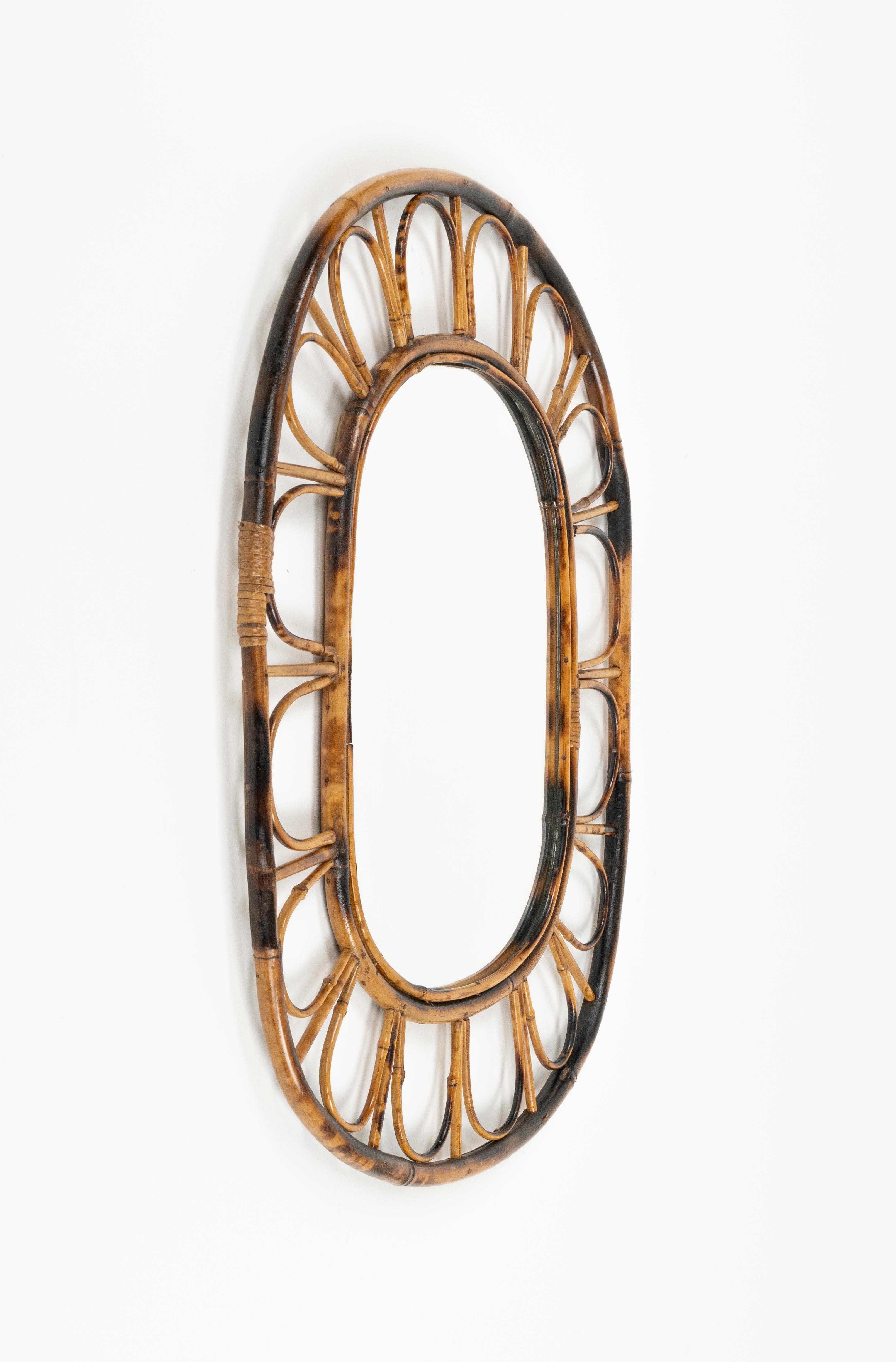 Midcentury Oval Wall Mirror Bamboo and Rattan, Italy 1960s For Sale 3