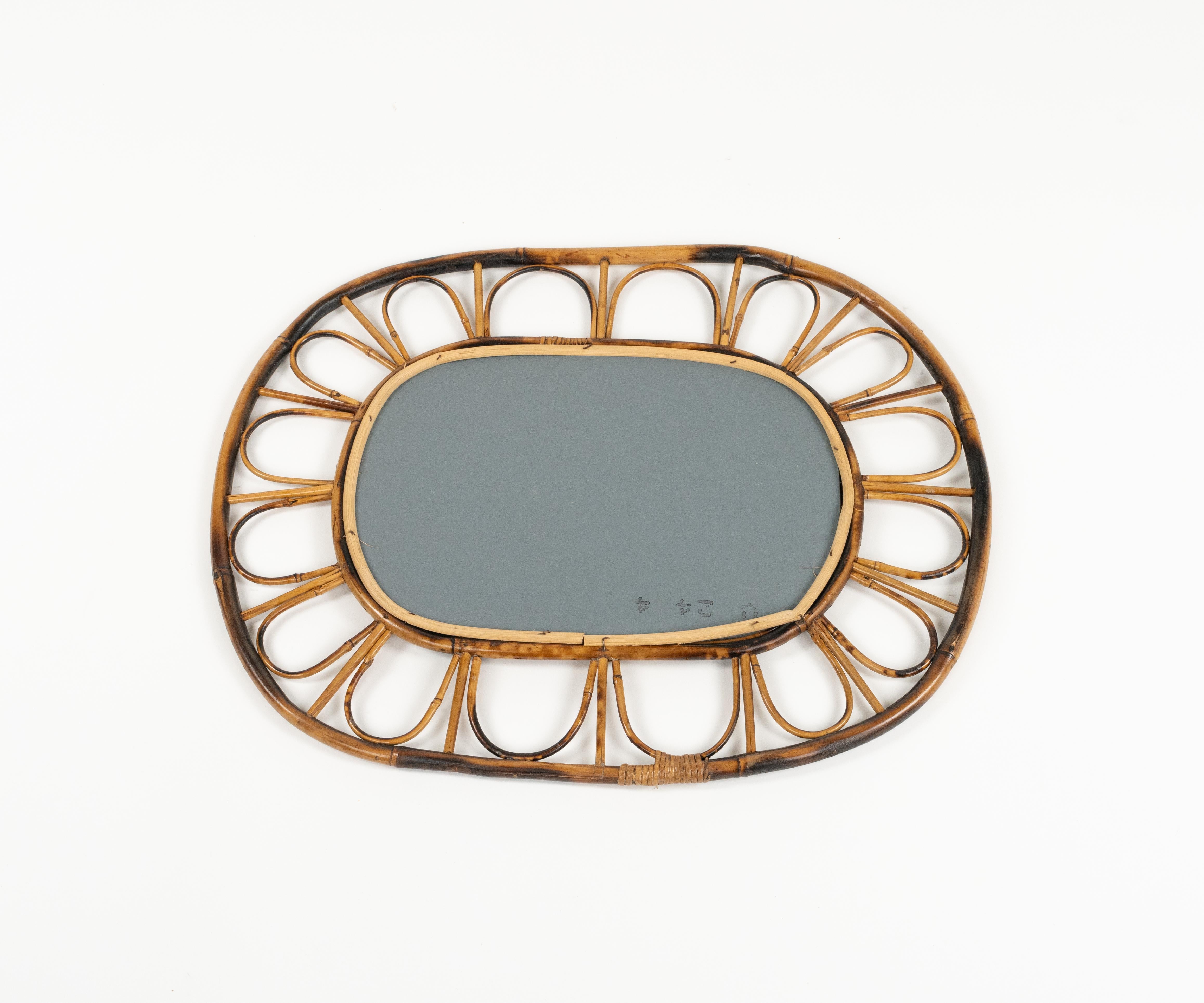 Midcentury Oval Wall Mirror Bamboo and Rattan, Italy 1960s For Sale 4