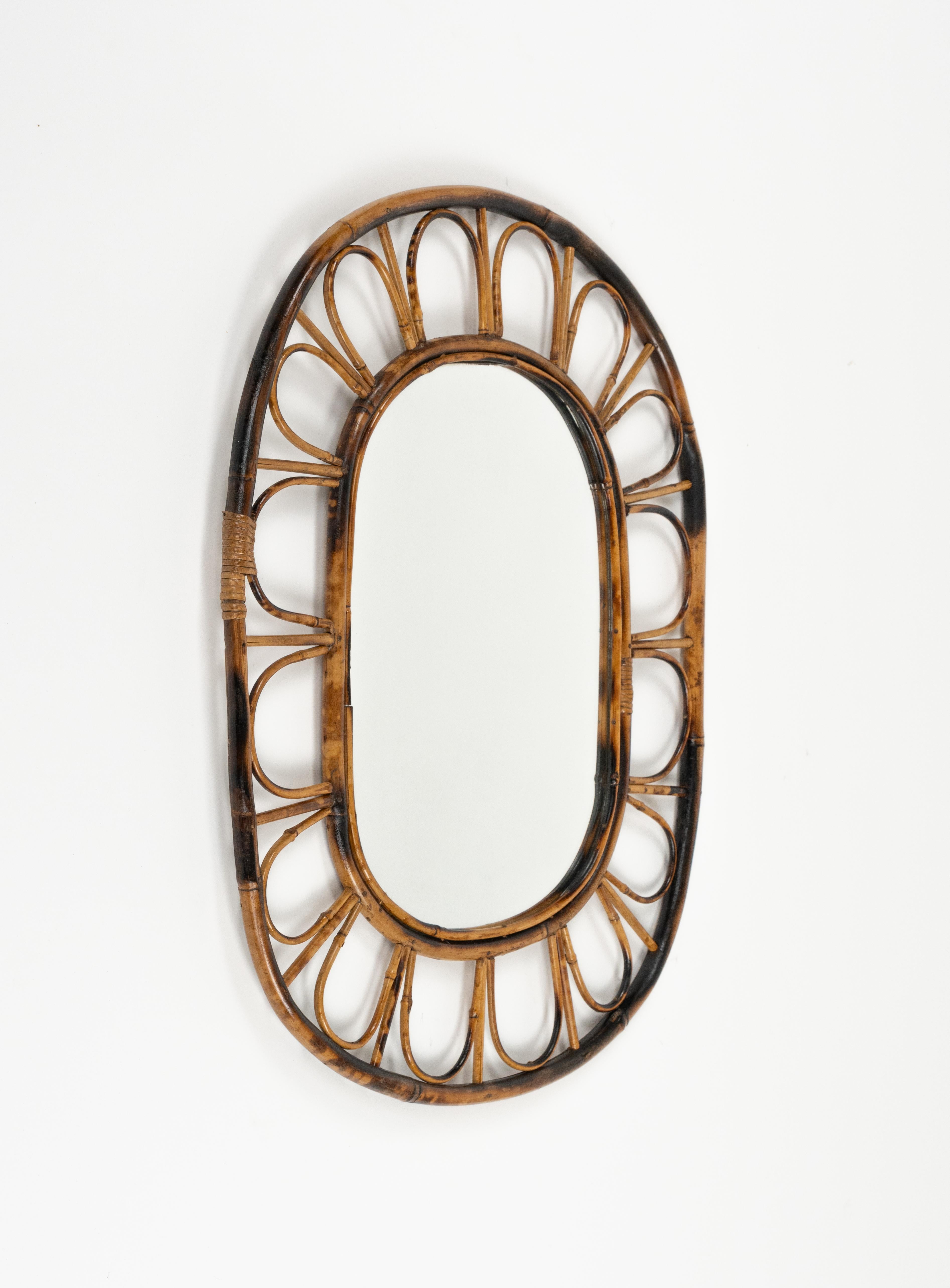 Mid-Century Modern Midcentury Oval Wall Mirror Bamboo and Rattan, Italy 1960s For Sale