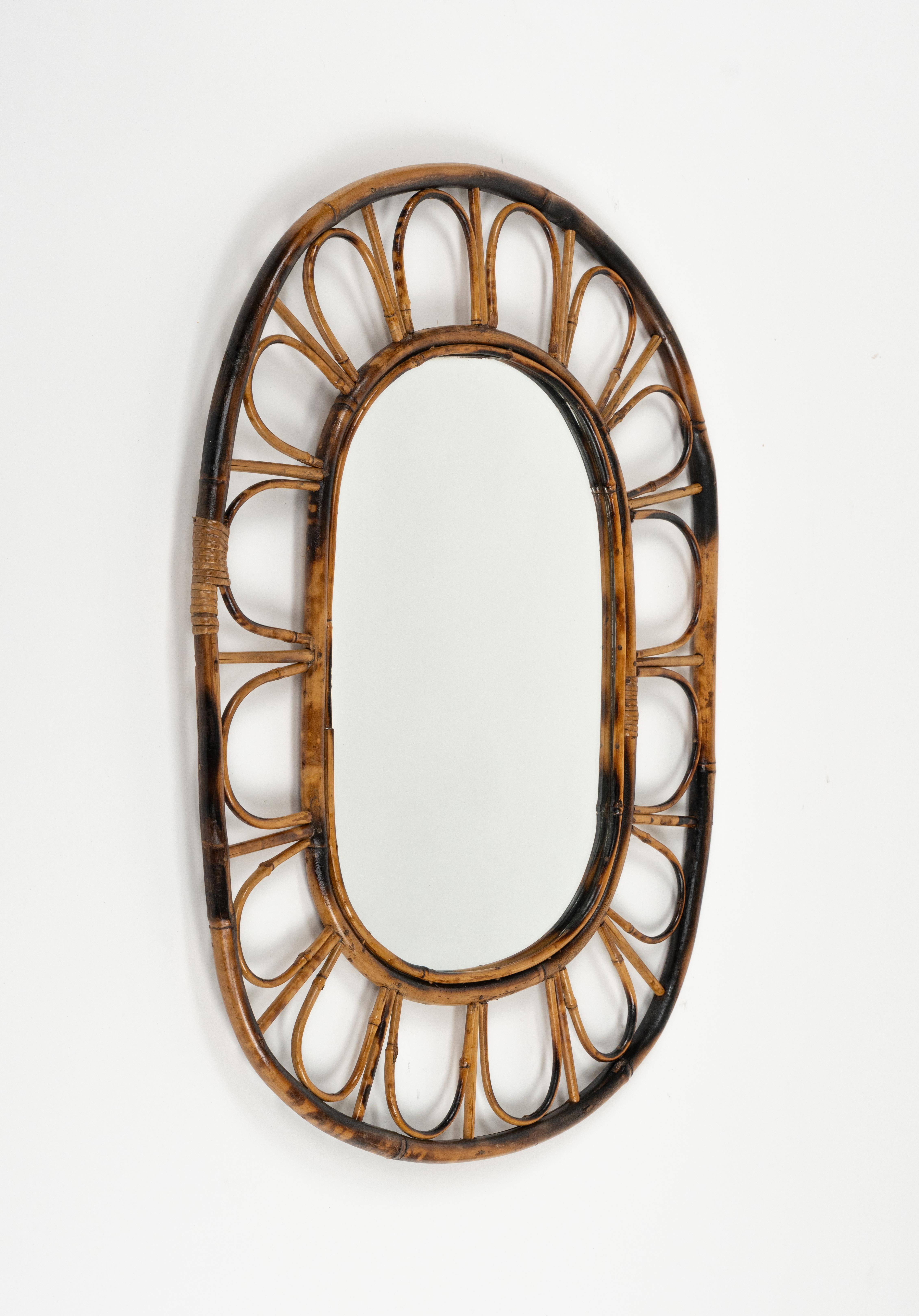 Italian Midcentury Oval Wall Mirror Bamboo and Rattan, Italy 1960s For Sale