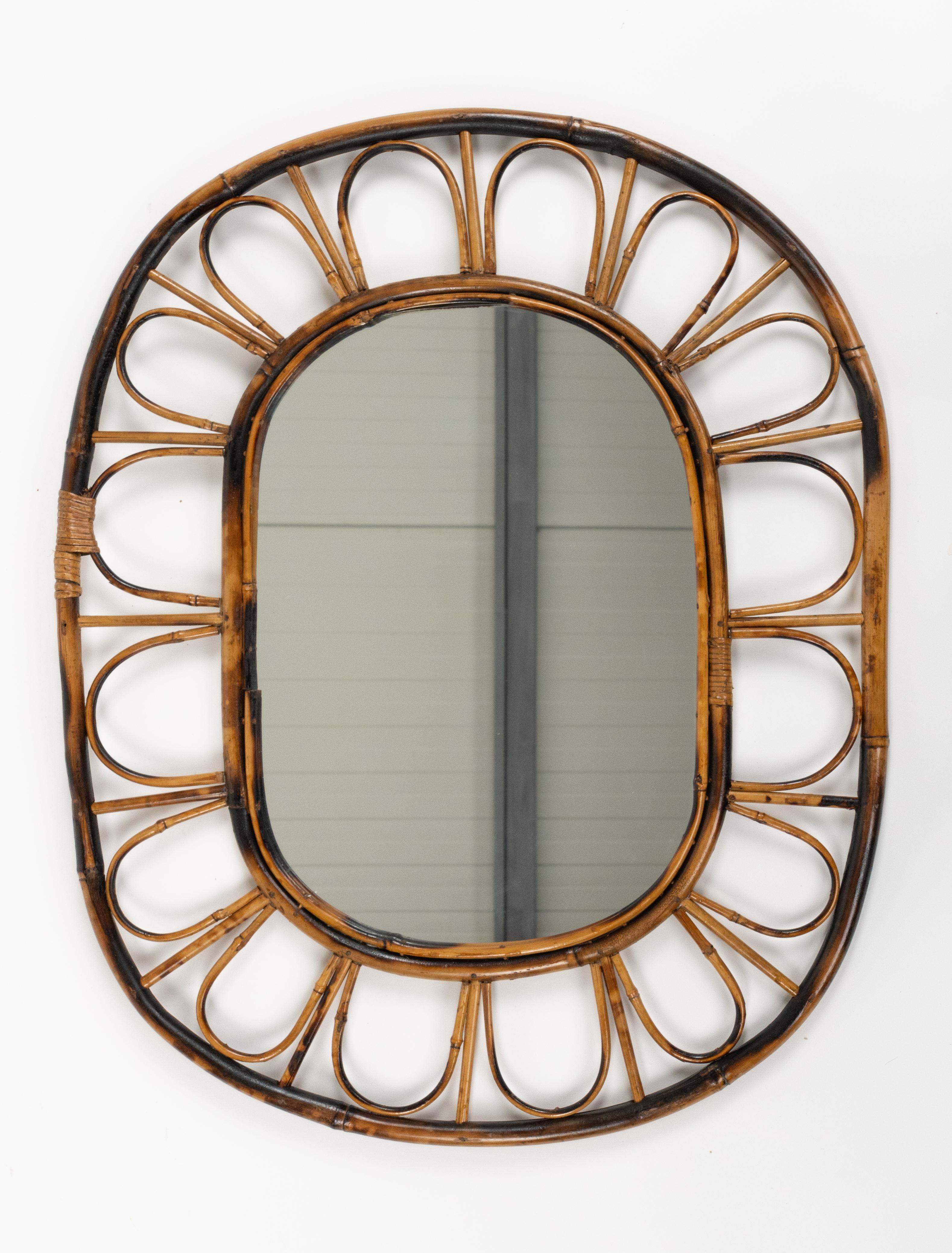 Hand-Crafted Midcentury Oval Wall Mirror Bamboo and Rattan, Italy 1960s For Sale