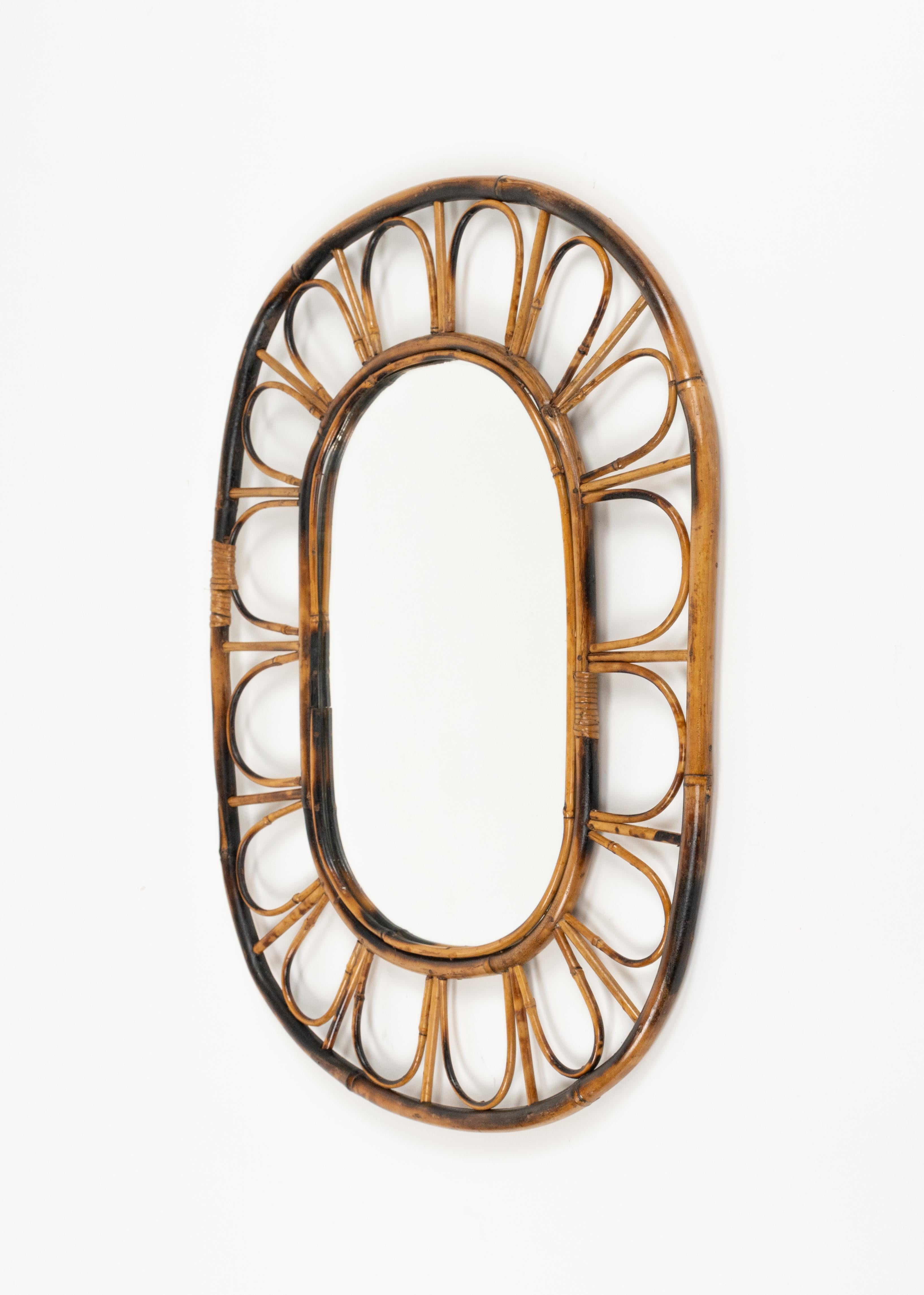 Mid-20th Century Midcentury Oval Wall Mirror Bamboo and Rattan, Italy 1960s For Sale