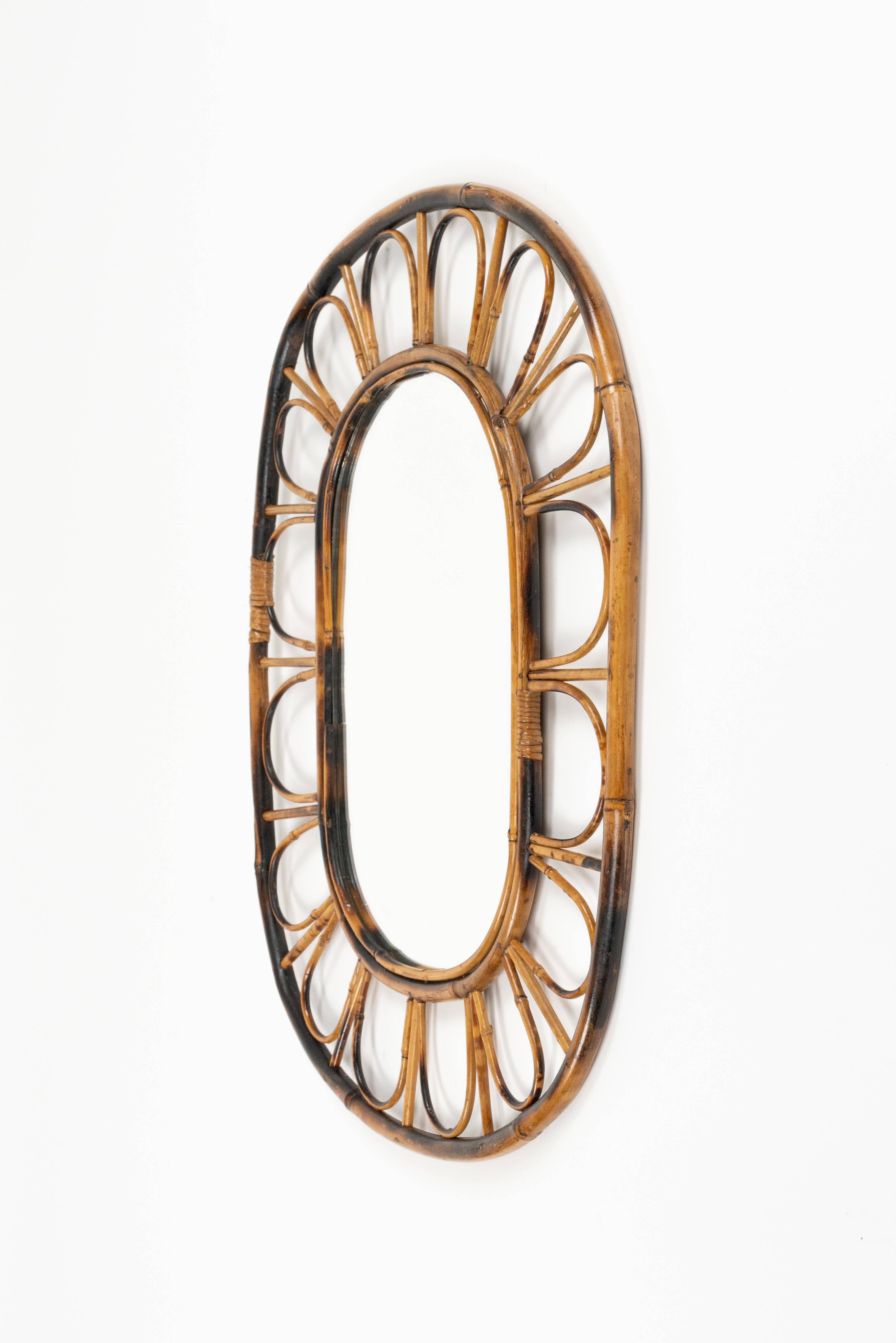 Midcentury Oval Wall Mirror Bamboo and Rattan, Italy 1960s For Sale 2