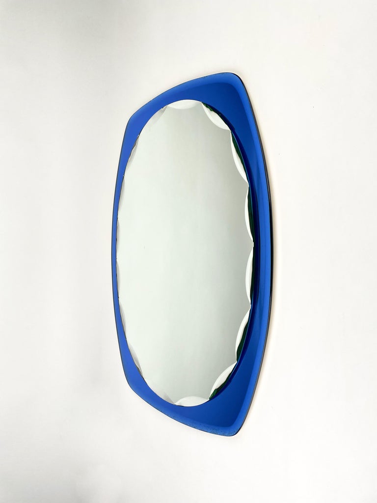 Mid-Century Modern Midcentury Oval Wall Mirror Blue by Cristal Art, Italy, 1960s For Sale