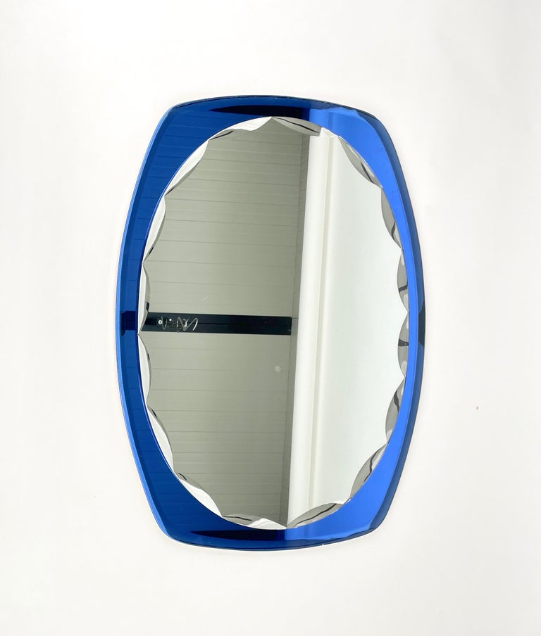 Italian Midcentury Oval Wall Mirror Blue by Cristal Art, Italy, 1960s For Sale