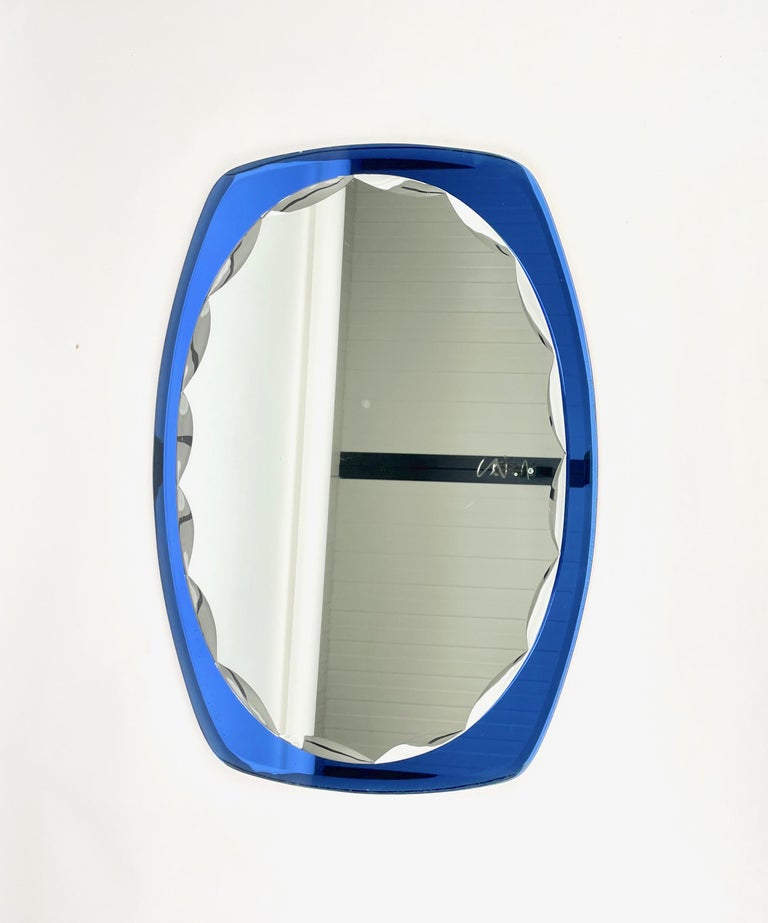 Carved Midcentury Oval Wall Mirror Blue by Cristal Art, Italy, 1960s For Sale