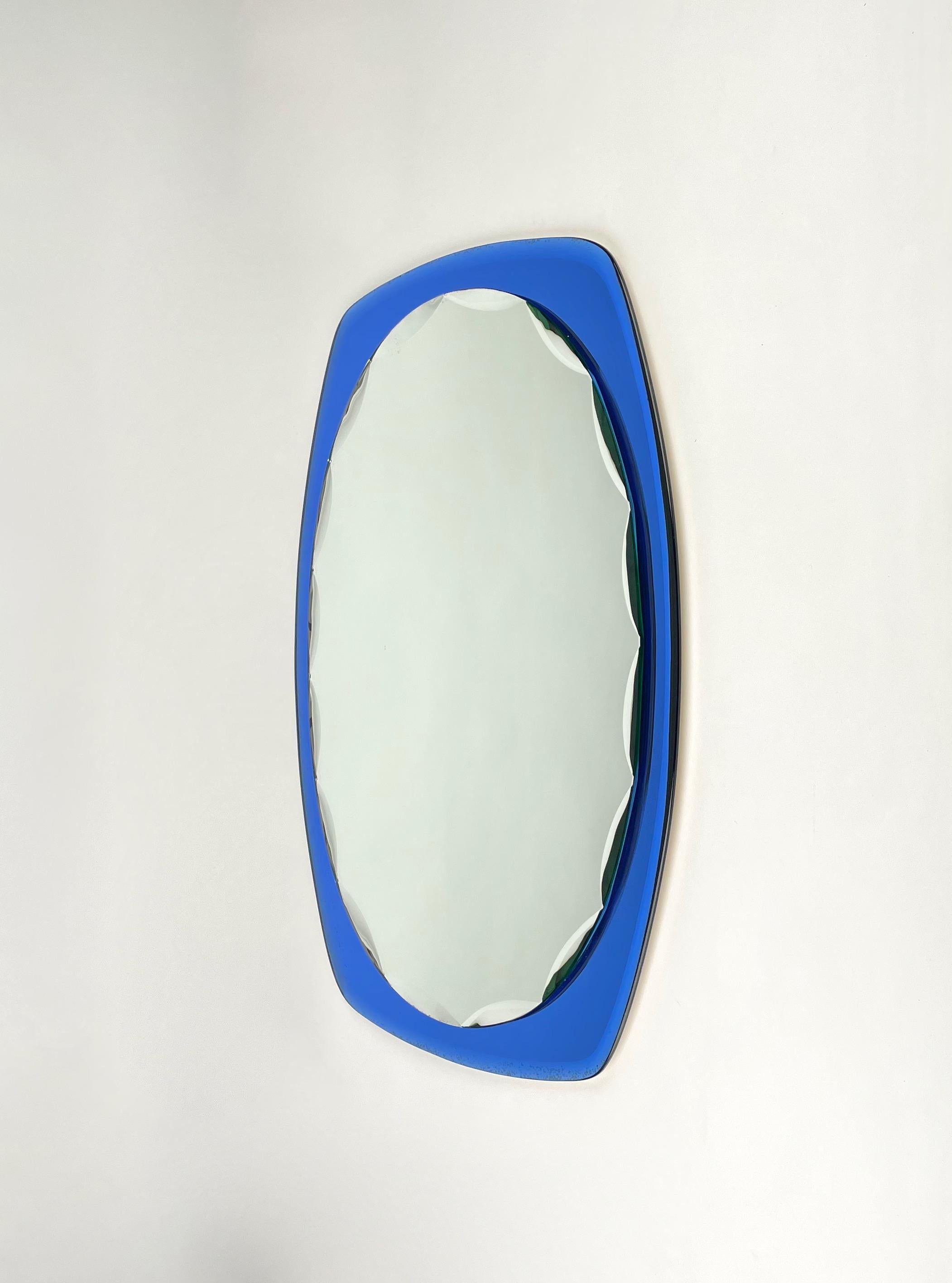 Mid-20th Century Midcentury Oval Wall Mirror Blue by Cristal Art, Italy, 1960s For Sale