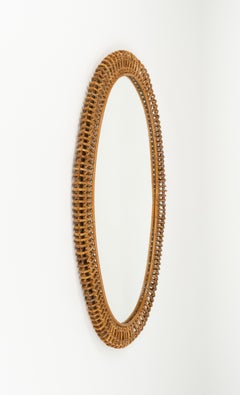 Midcentury Oval Wall Mirror in Rattan and Bamboo, Italy 1960s