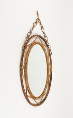 Ovaler Wandspiegel aus Rattan und Bambus aus der Mitte des Jahrhunderts mit Kette, Italien 1960er Jahre