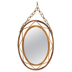 Midcentury Oval Wall Mirror in Rattan and Bamboo with Chain, Italy 1960s