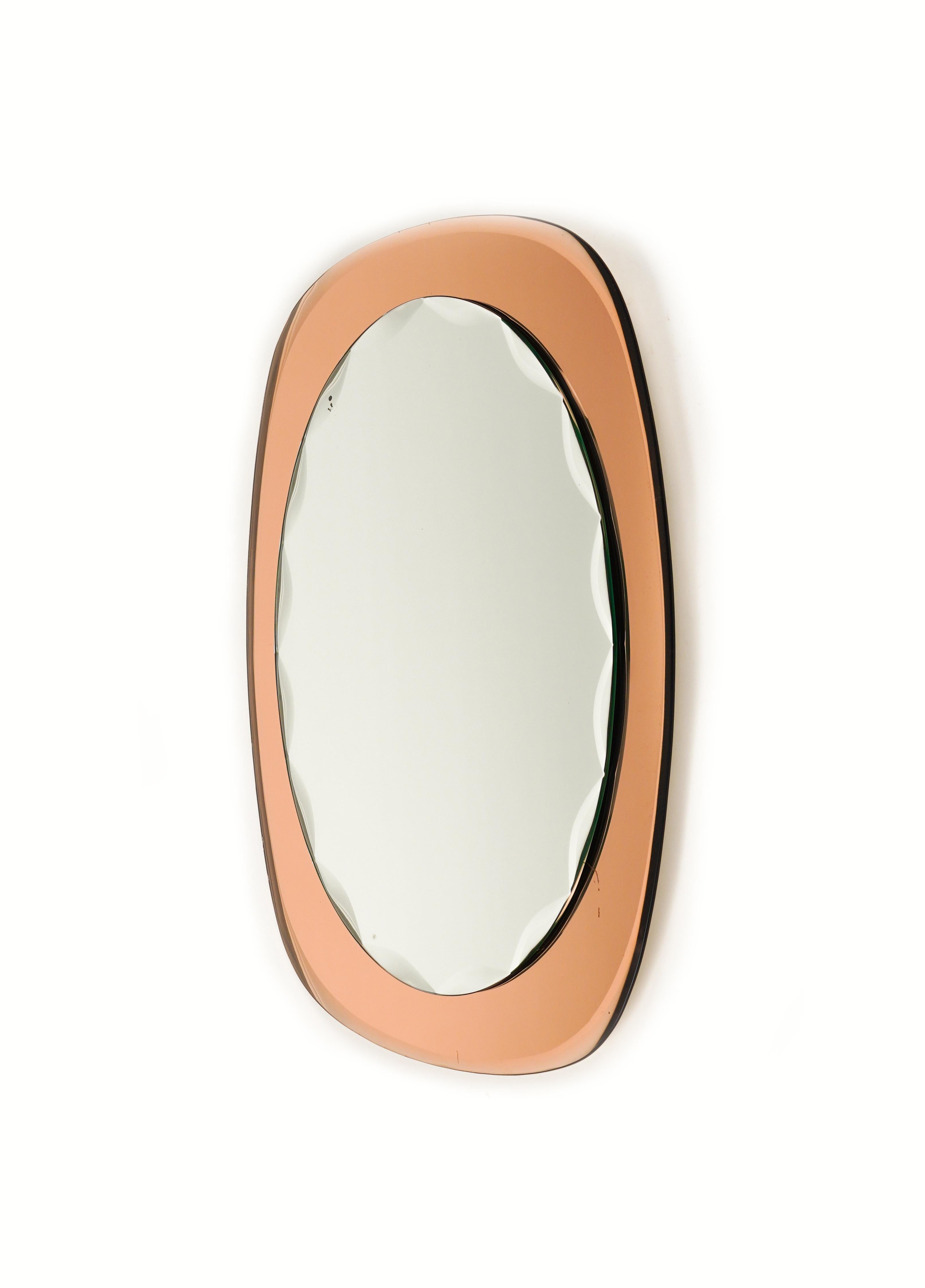 Mid-20th Century Midcentury Oval Wall Mirror rose gold Glass Frame by Cristal Arte, Italy 1960s For Sale