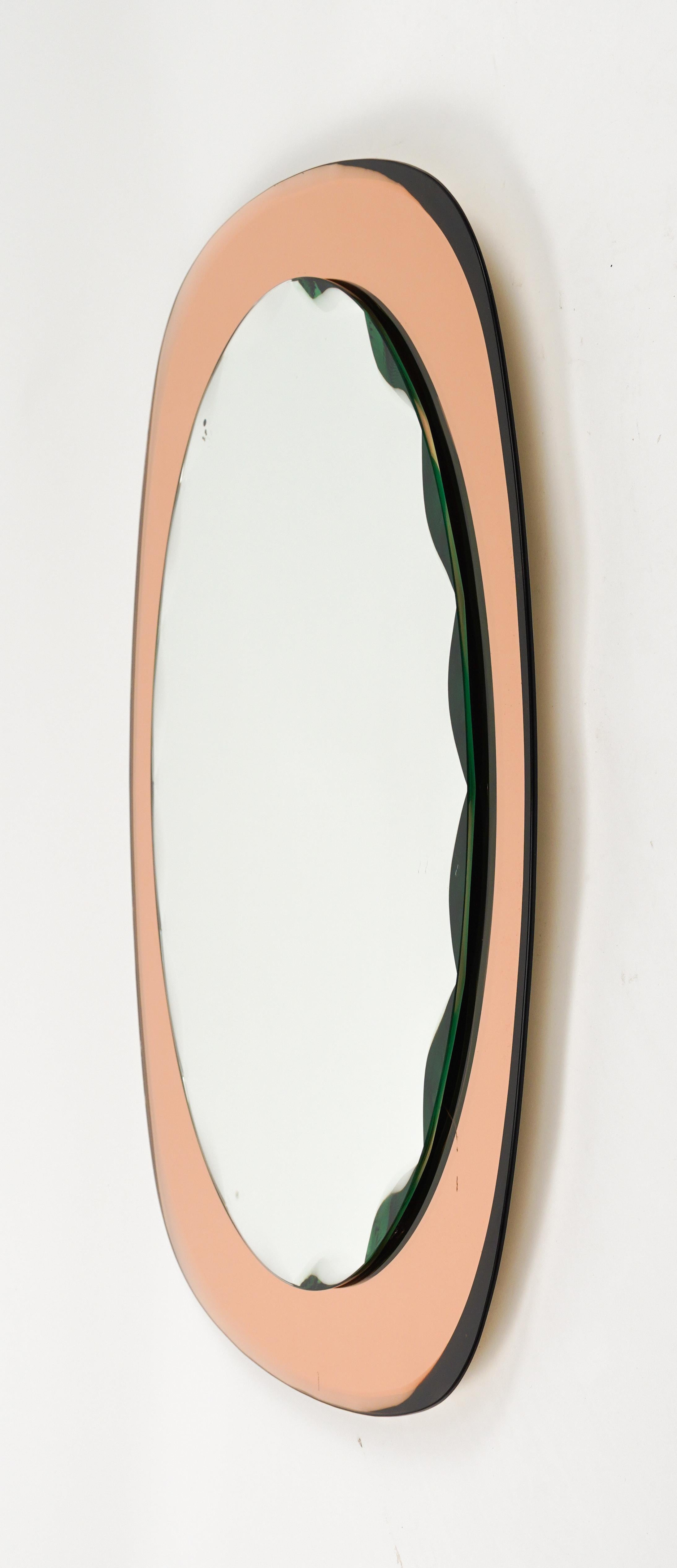 Midcentury Oval Wall Mirror rose gold Glass Frame by Cristal Arte, Italy 1960s For Sale 1