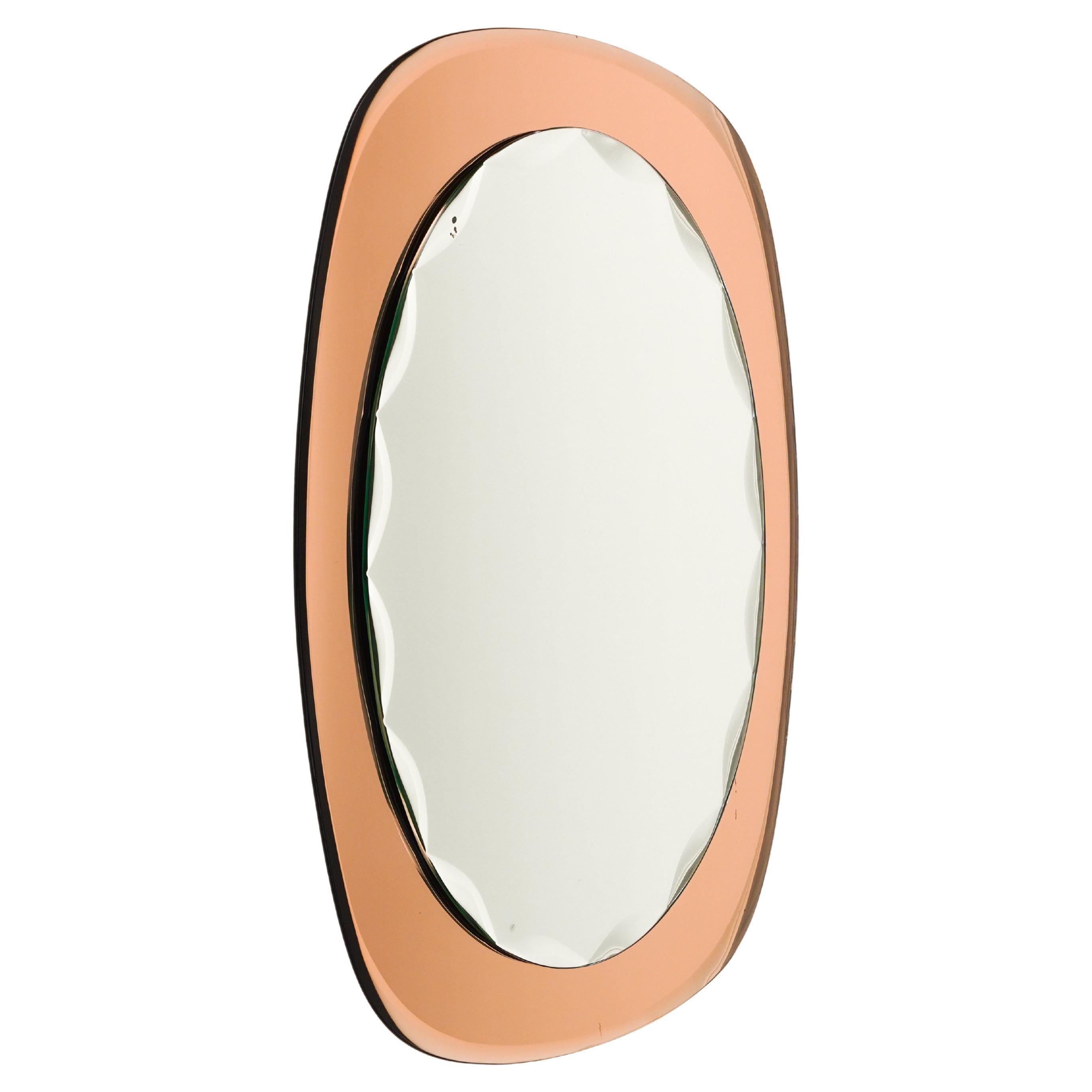 Midcentury Oval Wall Mirror rose gold Glass Frame by Cristal Arte, Italy 1960s