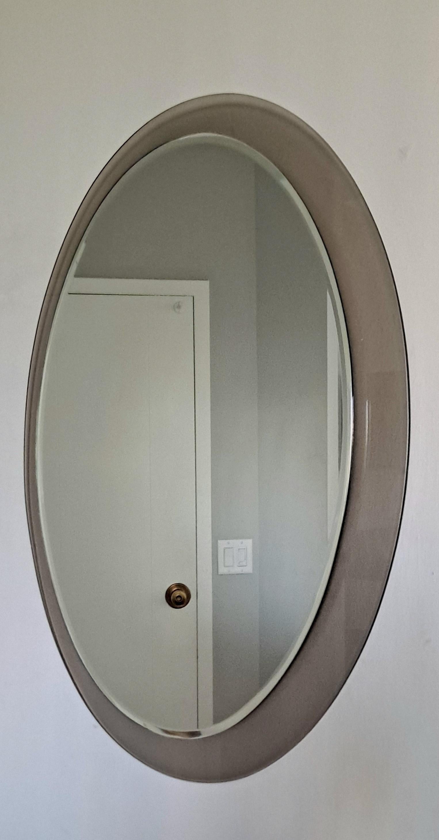 Midcentury Oval Wall Mirror whit Smoked Glass Frame by Cristal Arte In Good Condition For Sale In Los Angeles, CA