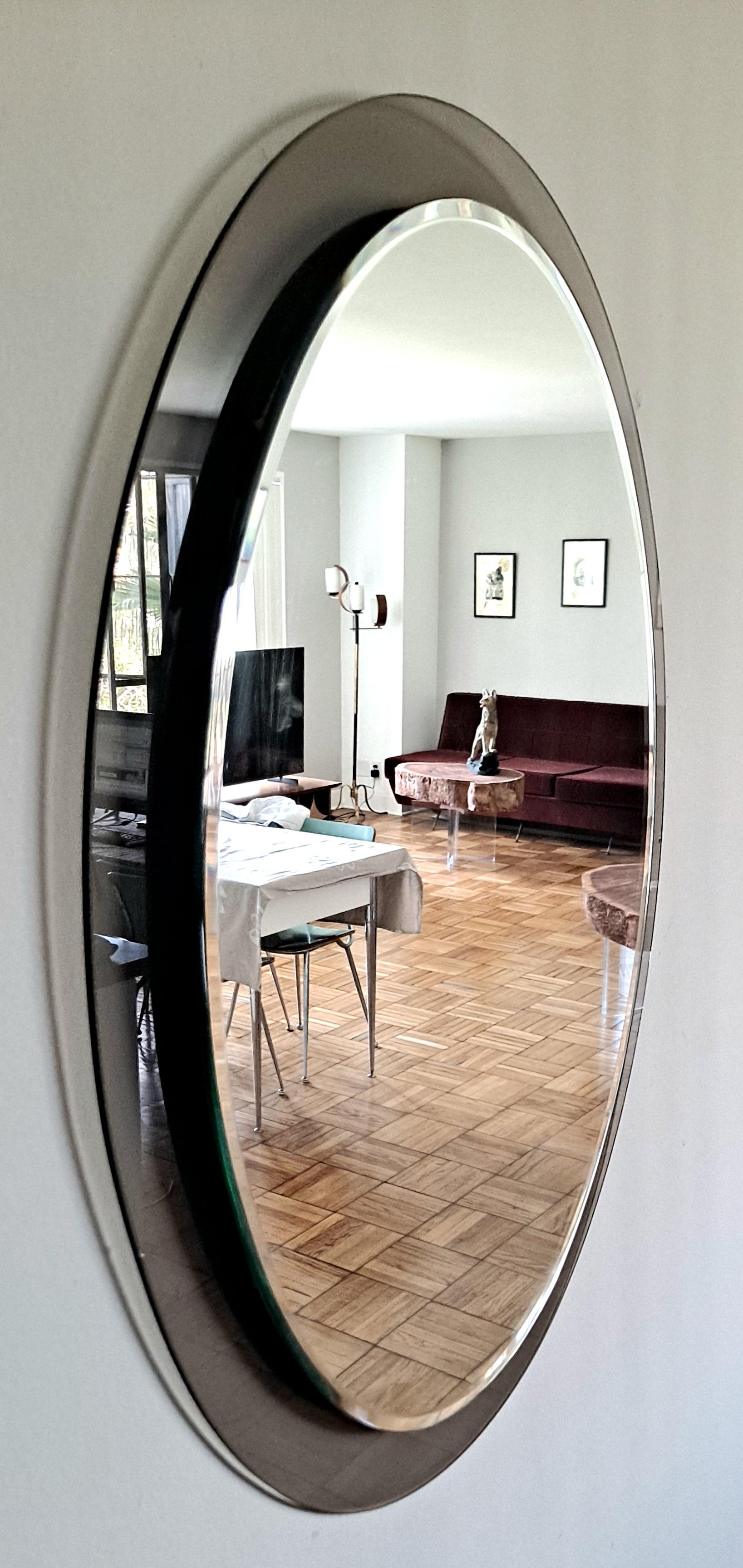 Mid-20th Century Midcentury Oval Wall Mirror whit Smoked Glass Frame by Cristal Arte For Sale