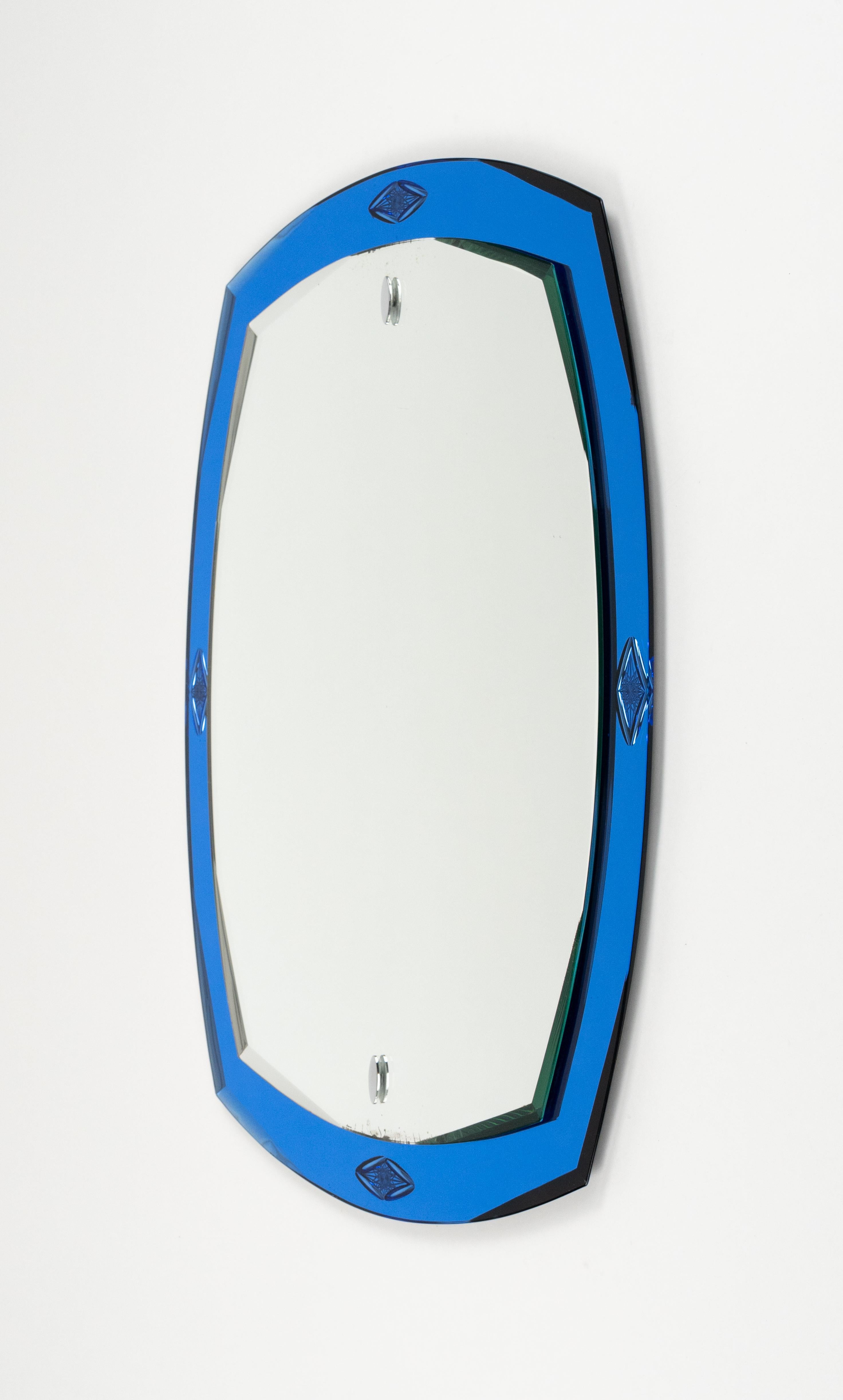 Midcentury Oval Wall Mirror with Blue Border Cristal Arte Style, Italy 1970s For Sale 5