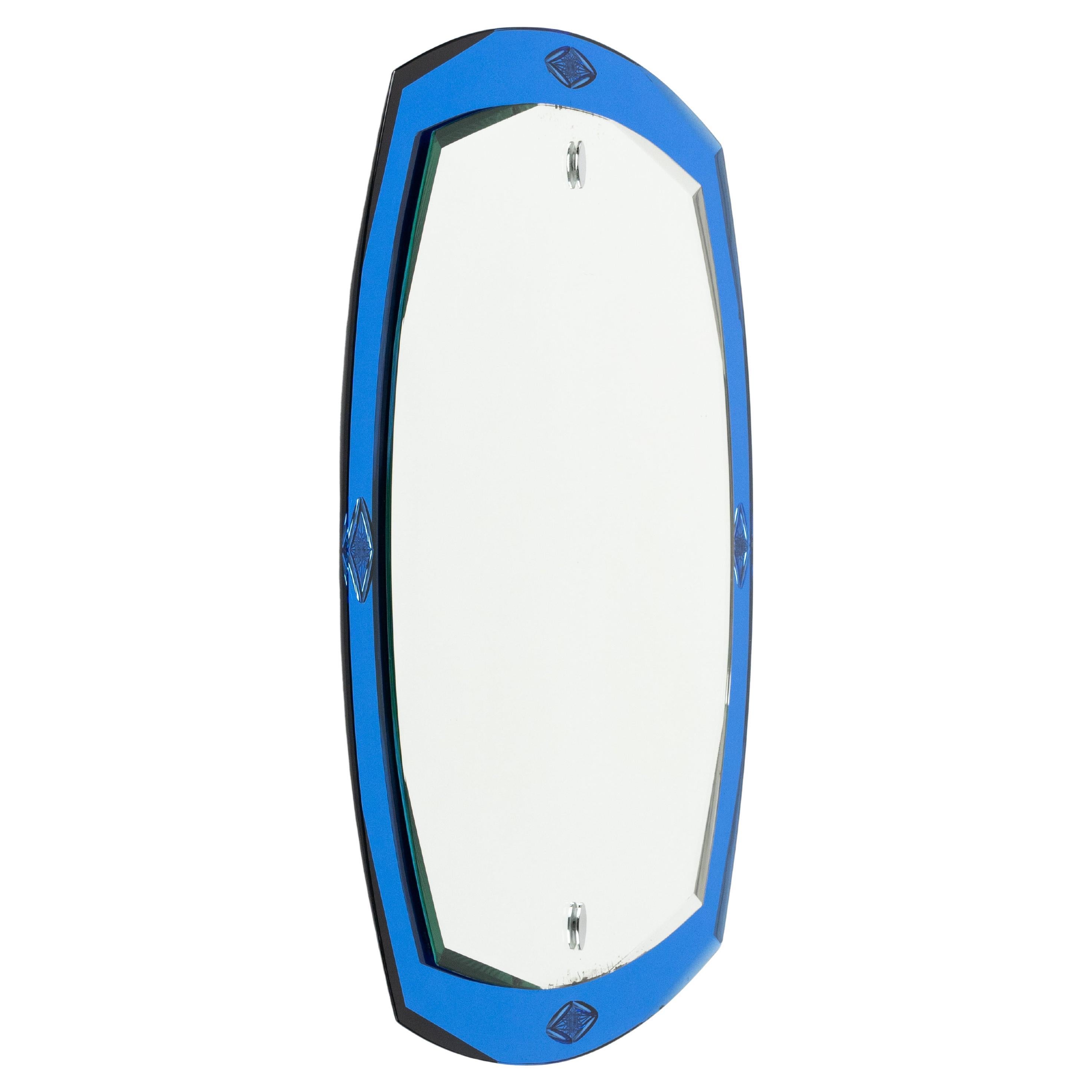 Midcentury Oval Wall Mirror with Blue Border Cristal Arte Style, Italy 1970s For Sale 10