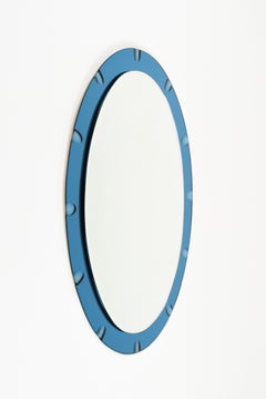 Midcentury Oval Wall Mirror with Blue Border Cristal Arte Style, Italy 1970s