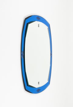 Midcentury Oval Wall Mirror with Blue Border Cristal Arte Style, Italy 1970s