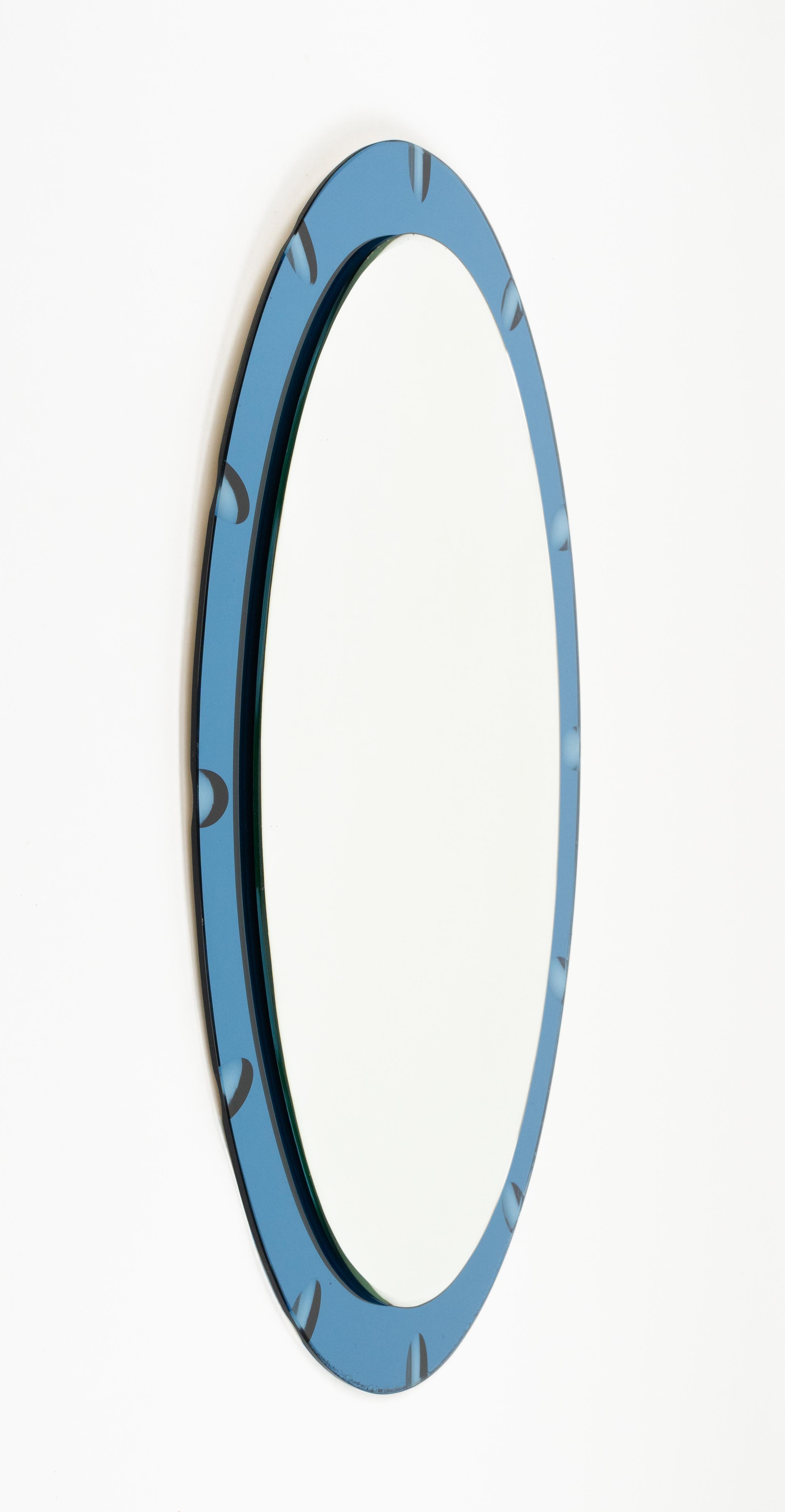 Mid-Century Modern Midcentury Oval Wall Mirror with Blue Border Cristal Arte Style, Italy 1970s For Sale