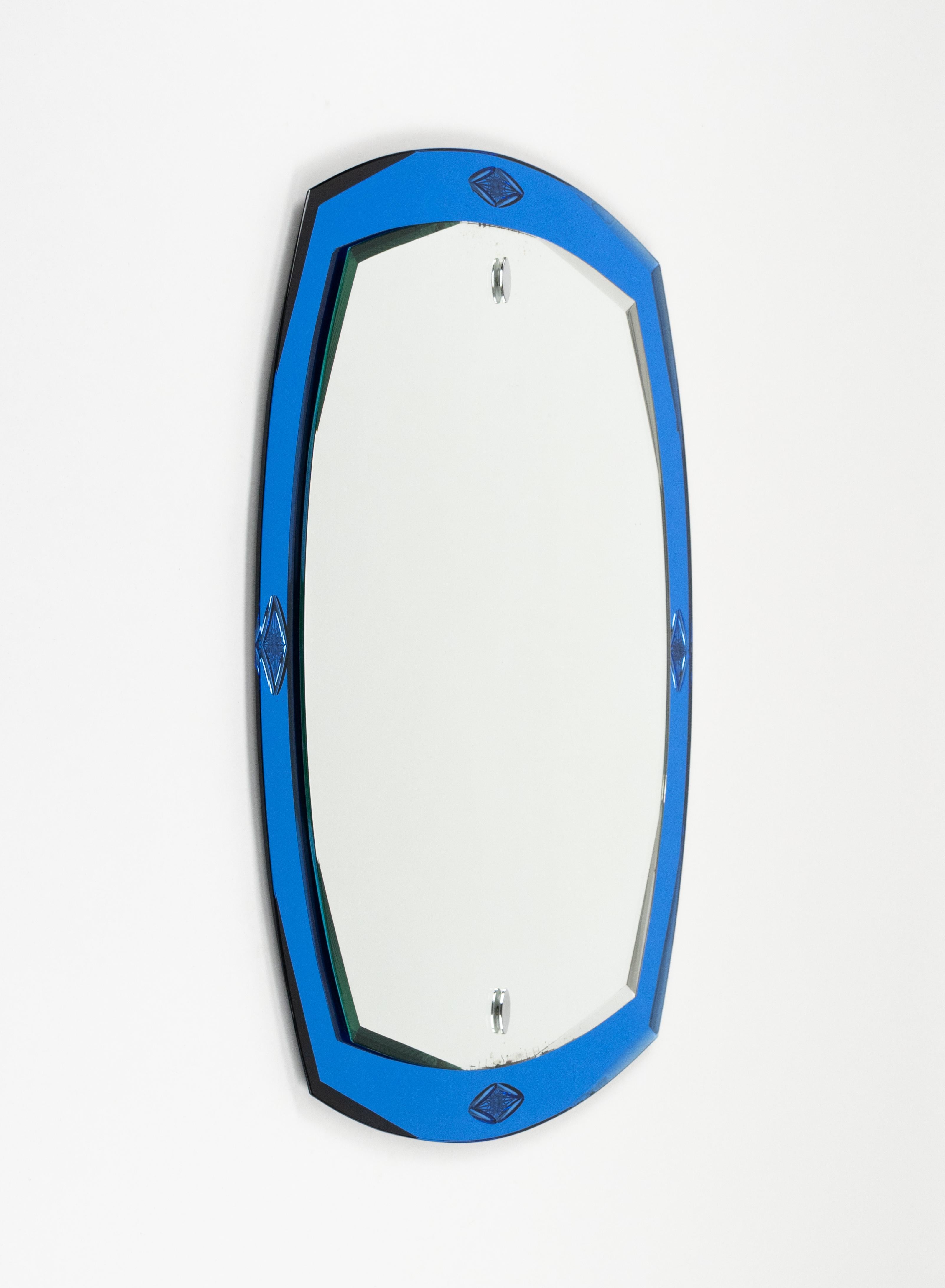 Mid-Century Modern Midcentury Oval Wall Mirror with Blue Border Cristal Arte Style, Italy 1970s For Sale