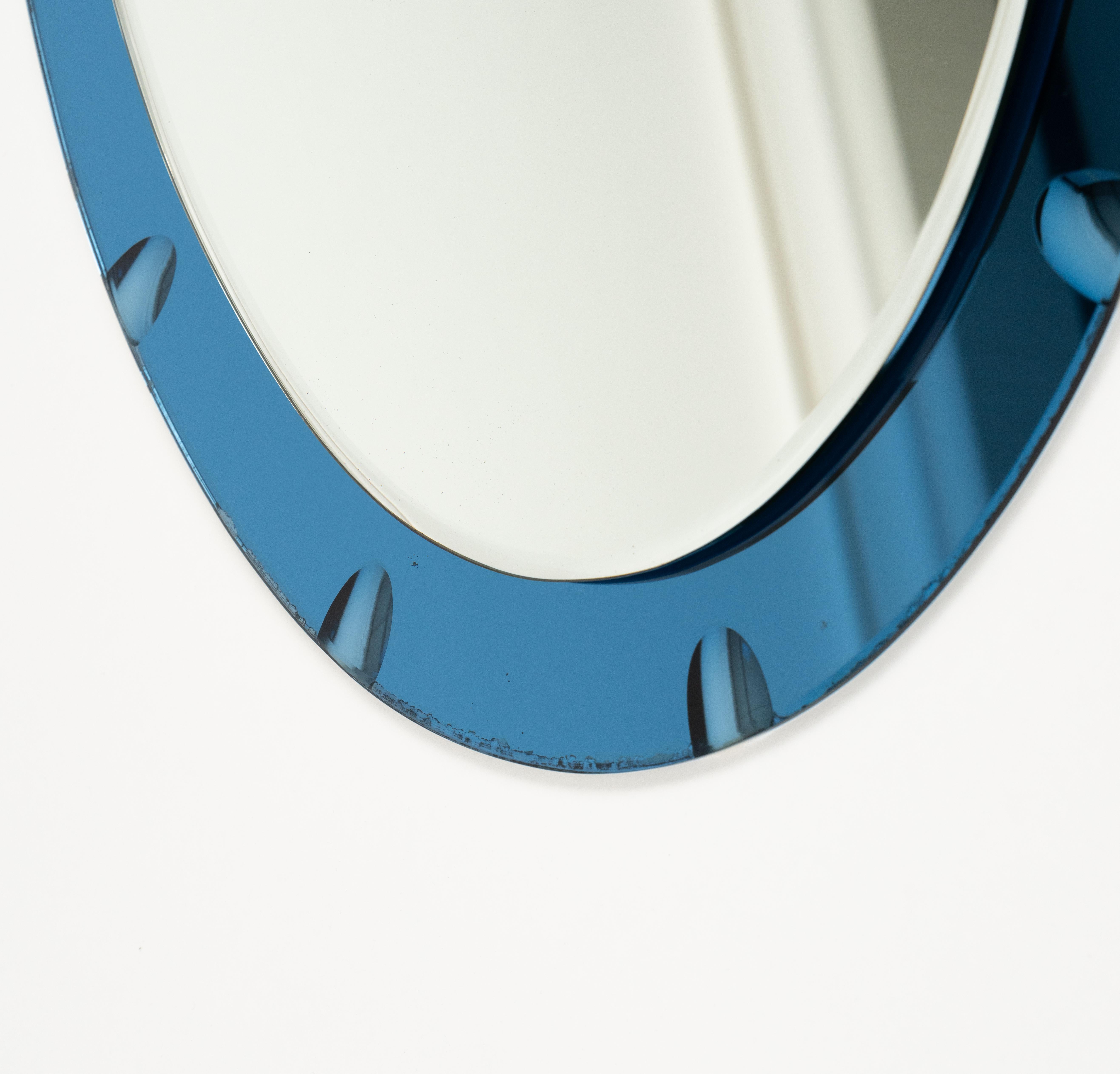 Midcentury Oval Wall Mirror with Blue Border Cristal Arte Style, Italy 1970s For Sale 2
