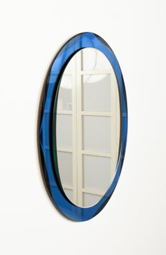 Midcentury Oval Wall Mirror with Blue Frame Cristal Arte Style, Italy 1960s