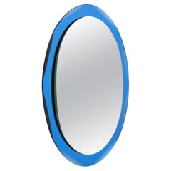 Midcentury Oval Wall Mirror with Blue Frame Cristal Arte Style, Italy 1960s