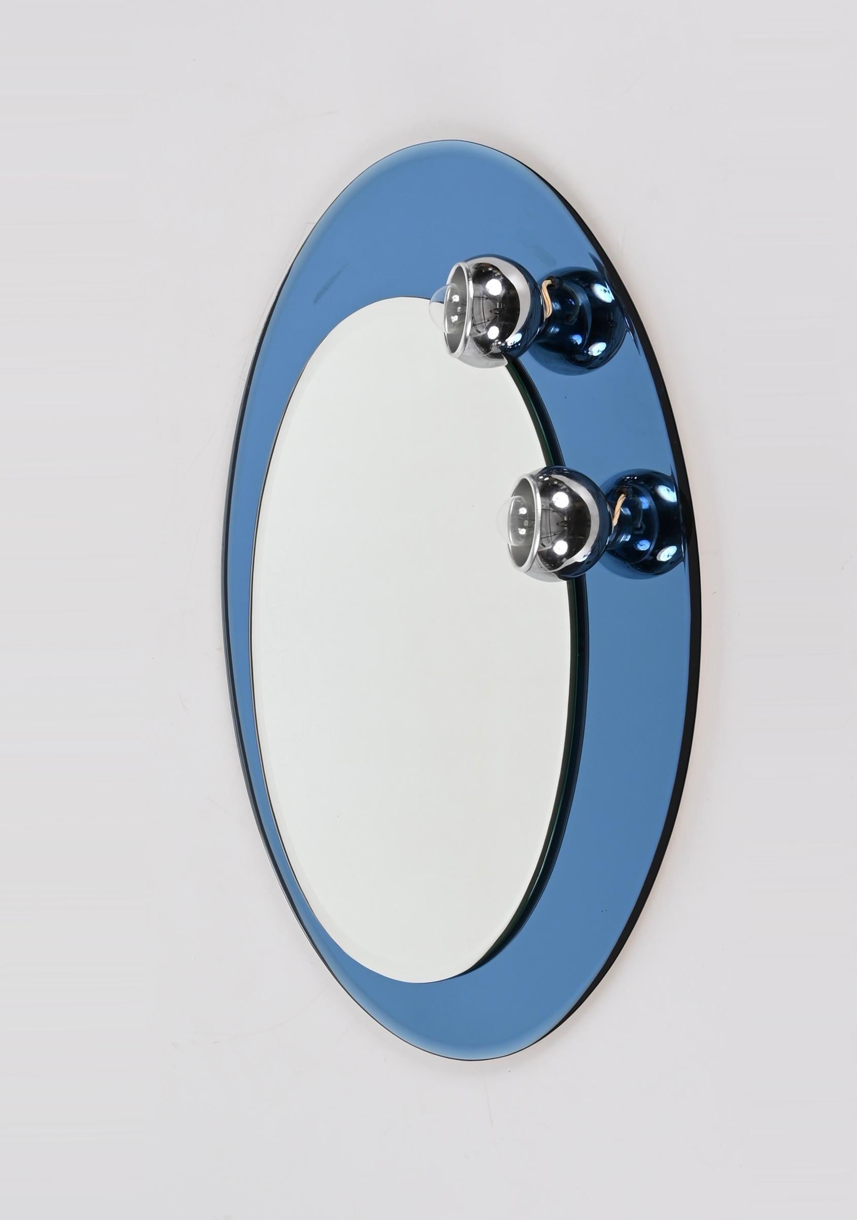 Midcentury Oval Wall Mirror with Blue Glass Frame and Magnetic Lights Italy 1960 For Sale 6