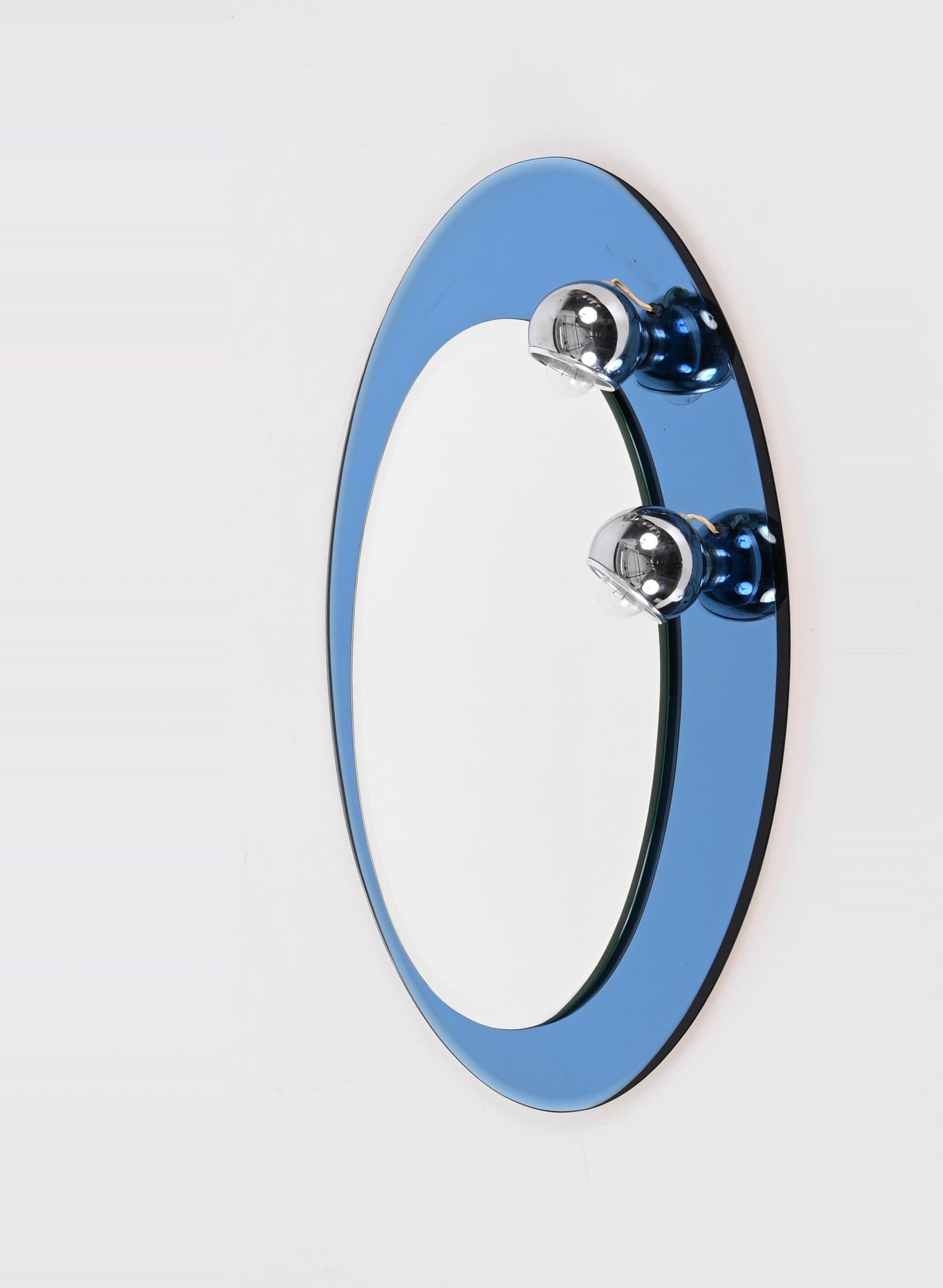 Midcentury Oval Wall Mirror with Blue Glass Frame and Magnetic Lights Italy 1960 For Sale 9