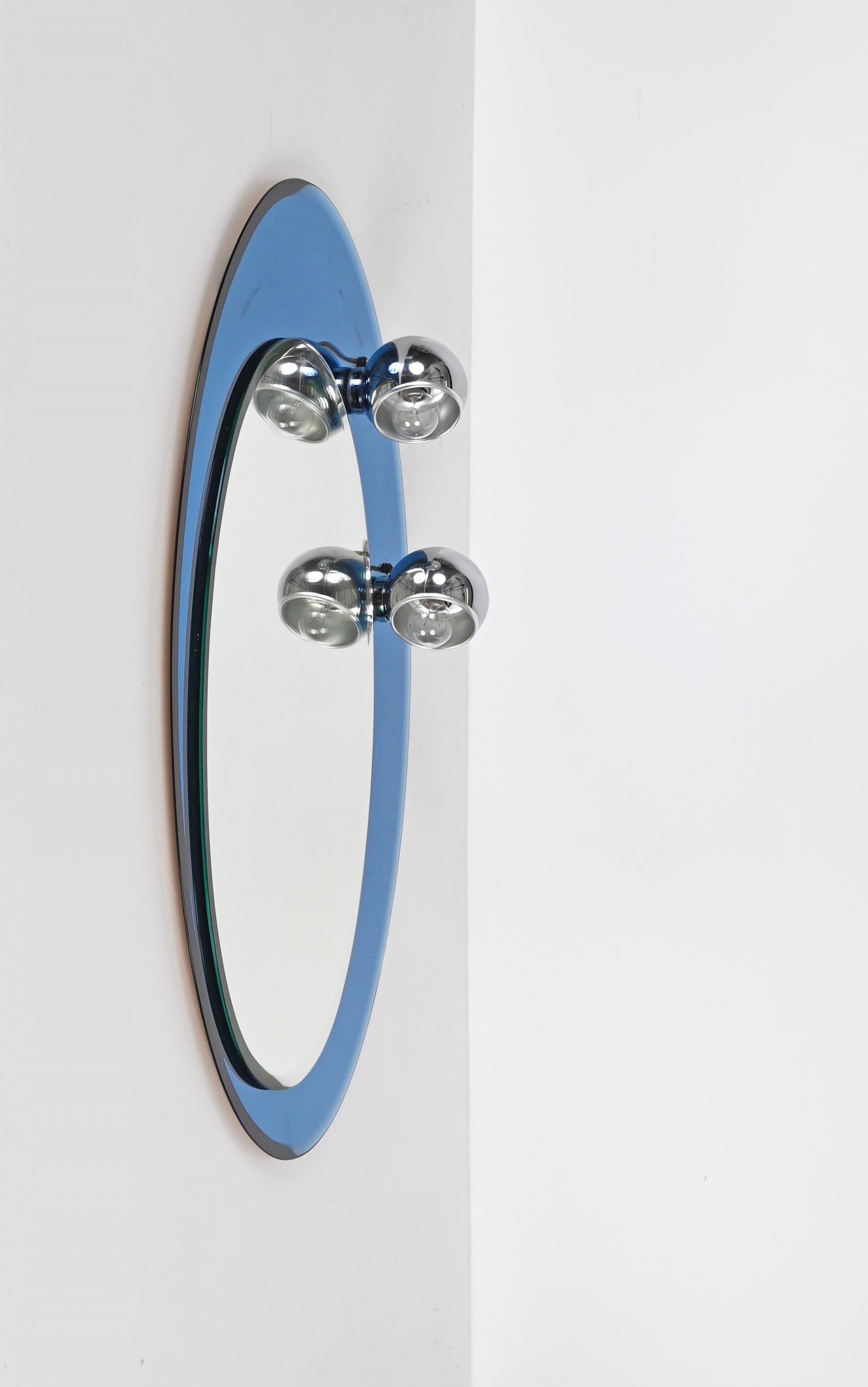 Midcentury Oval Wall Mirror with Blue Glass Frame and Magnetic Lights Italy 1960 For Sale 11