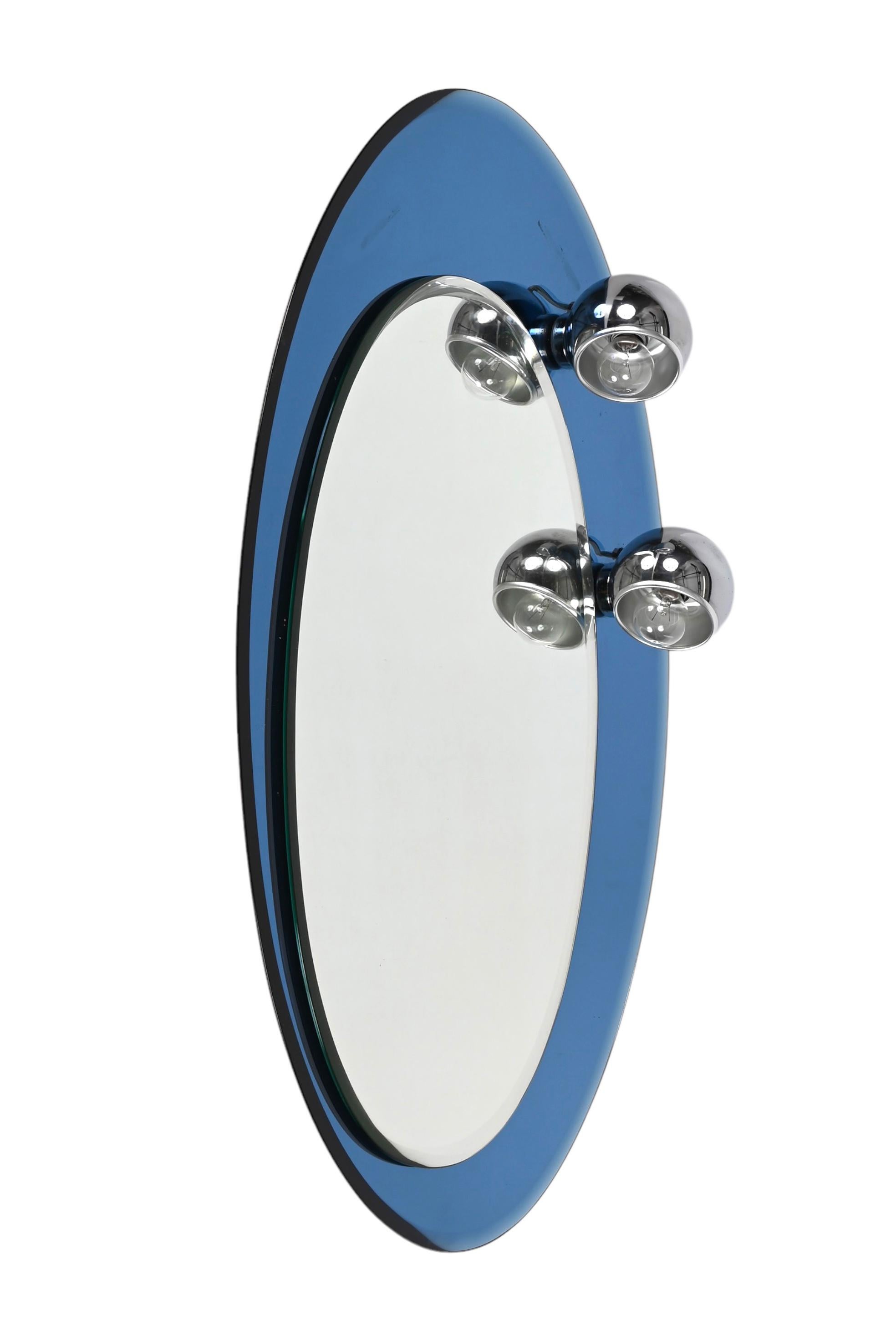 Mid-Century Modern Midcentury Oval Wall Mirror with Blue Glass Frame and Magnetic Lights Italy 1960 For Sale