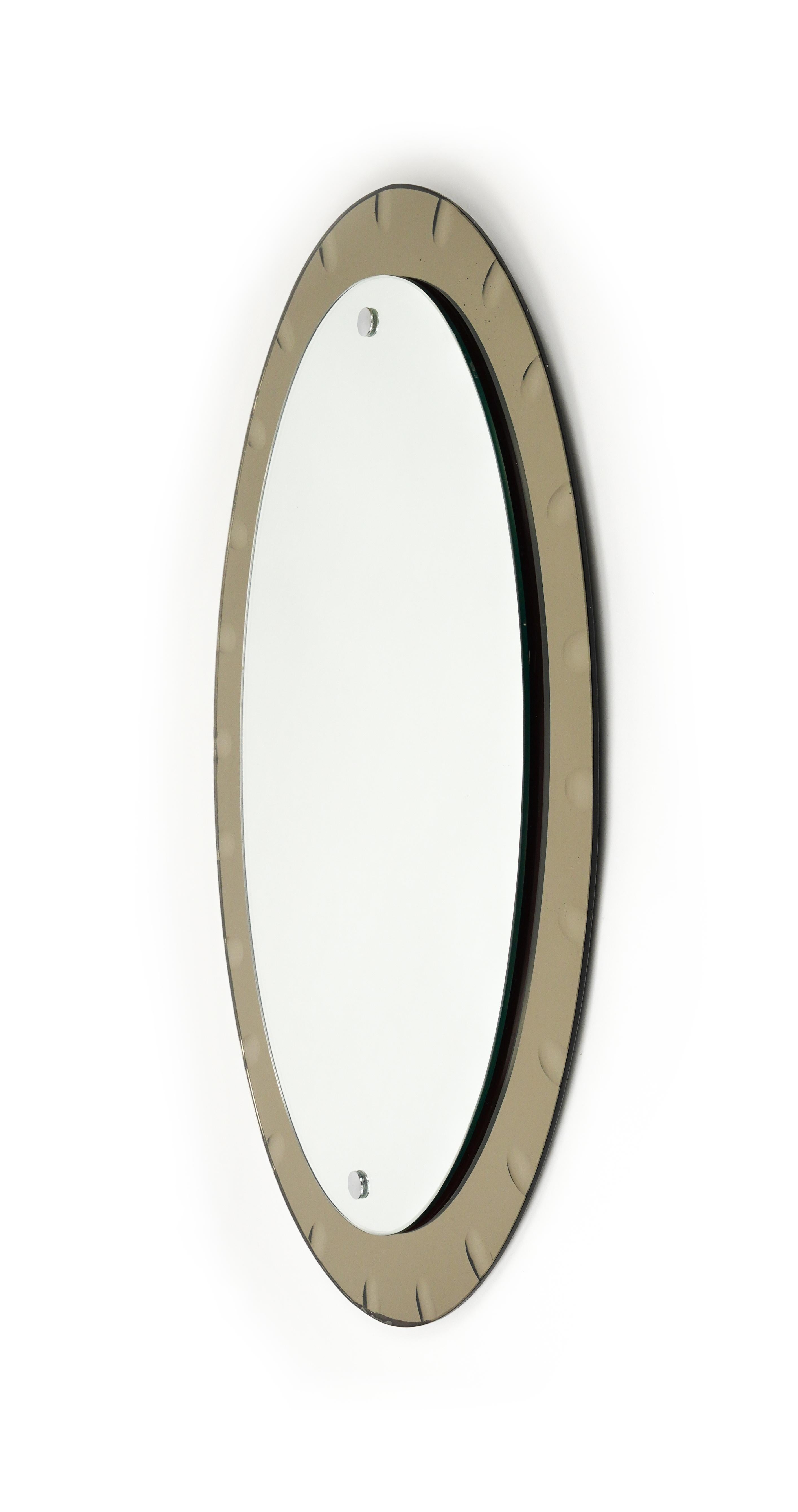 Metal Midcentury Oval Wall Mirror with Bronzed Frame by Cristal Arte, Italy 1960s For Sale