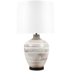 Midcentury Oversized Cream Ceramic Table Lamp with Large White Linen Shade