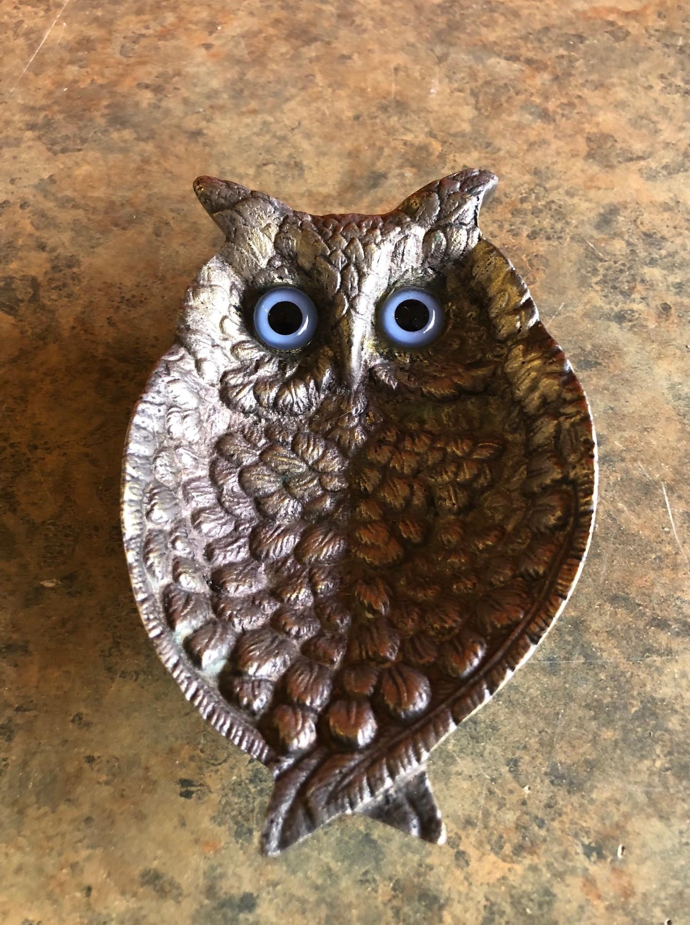 Cast Midcentury Owl Dish in Pewter For Sale