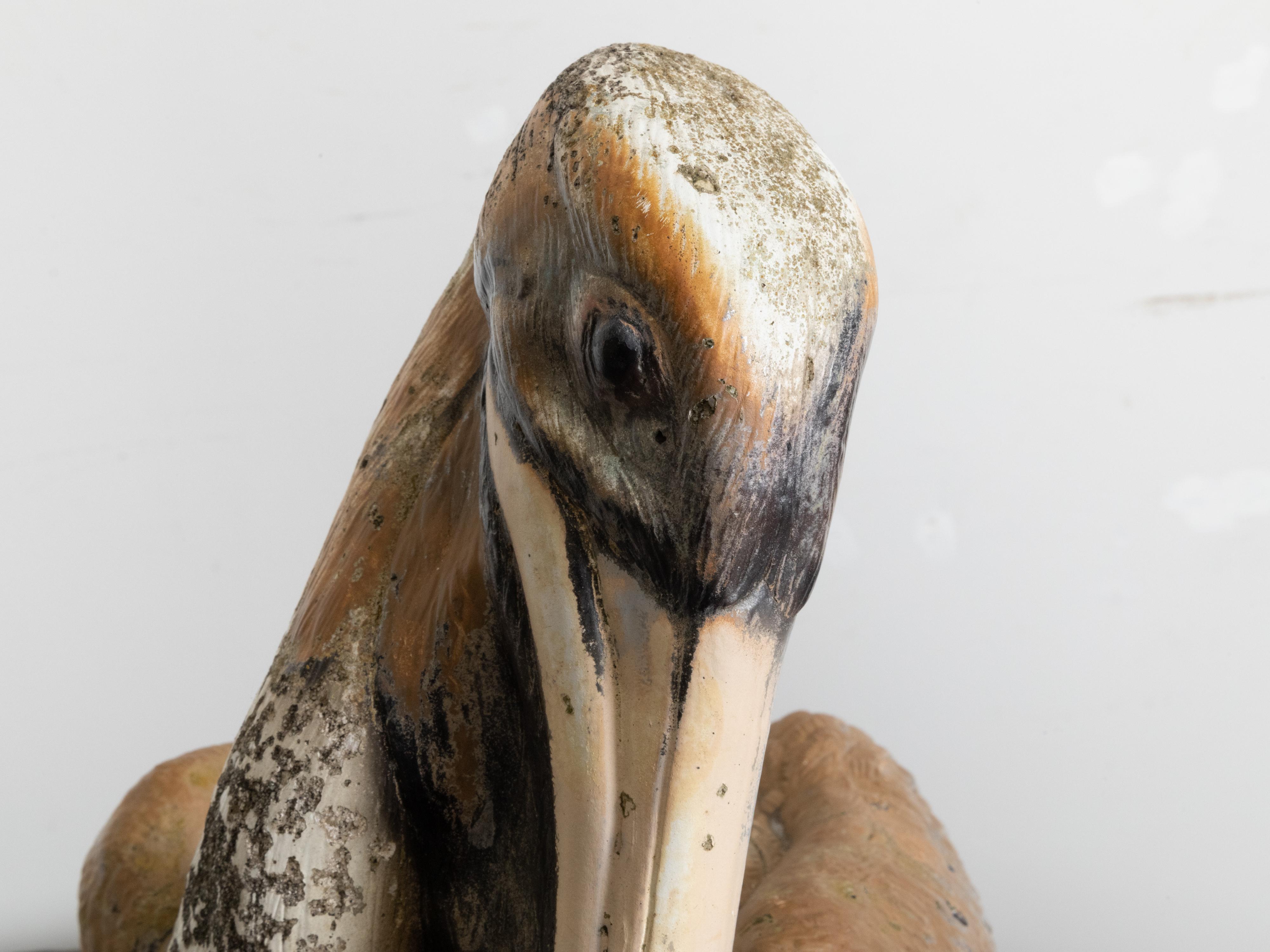 Midcentury Painted Concrete Pelican Sculpture on Base with Distressed Patina For Sale 4