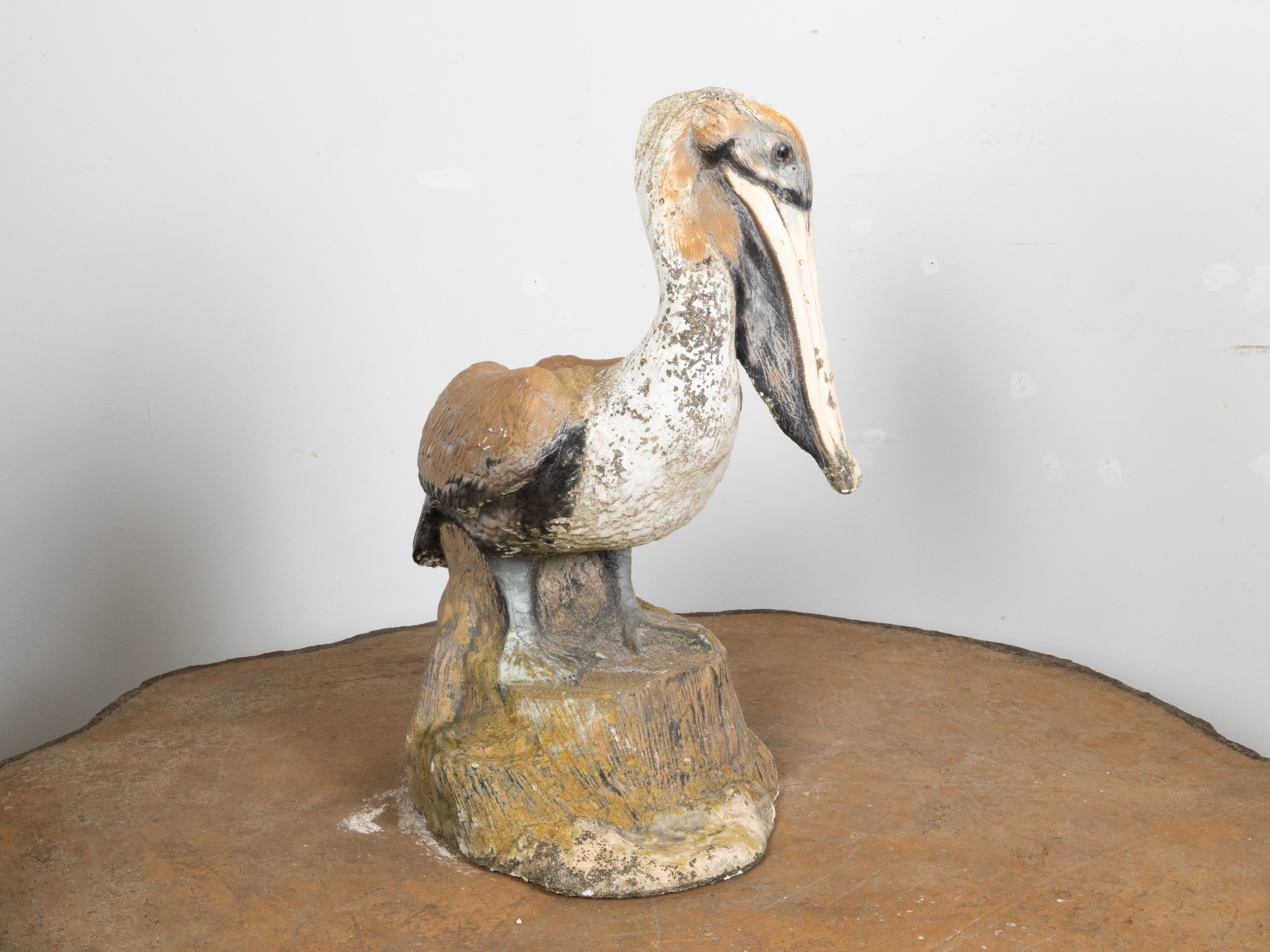 Midcentury Painted Concrete Pelican Sculpture on Base with Distressed Patina In Good Condition For Sale In Atlanta, GA