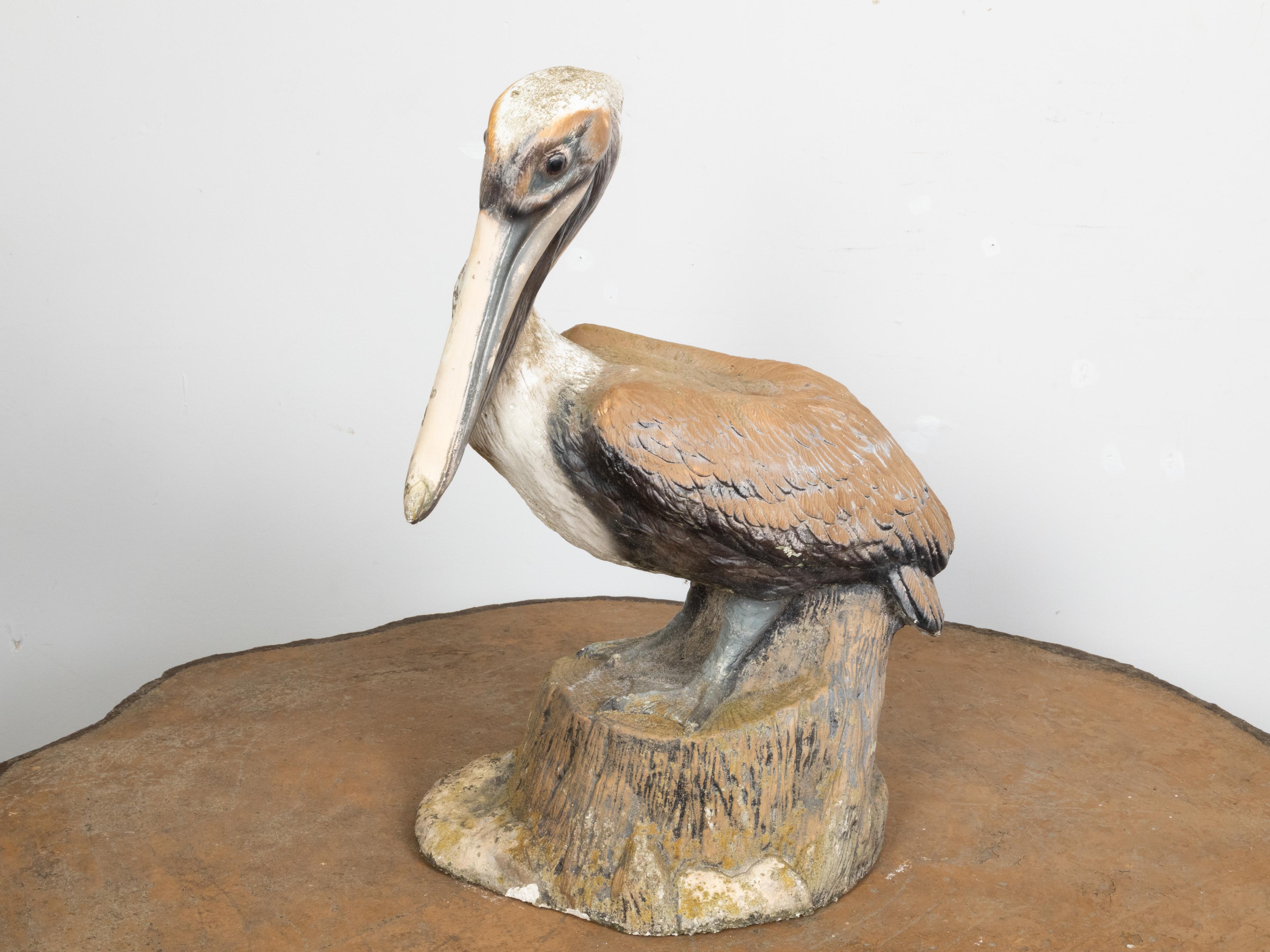 20th Century Midcentury Painted Concrete Pelican Sculpture on Base with Distressed Patina For Sale