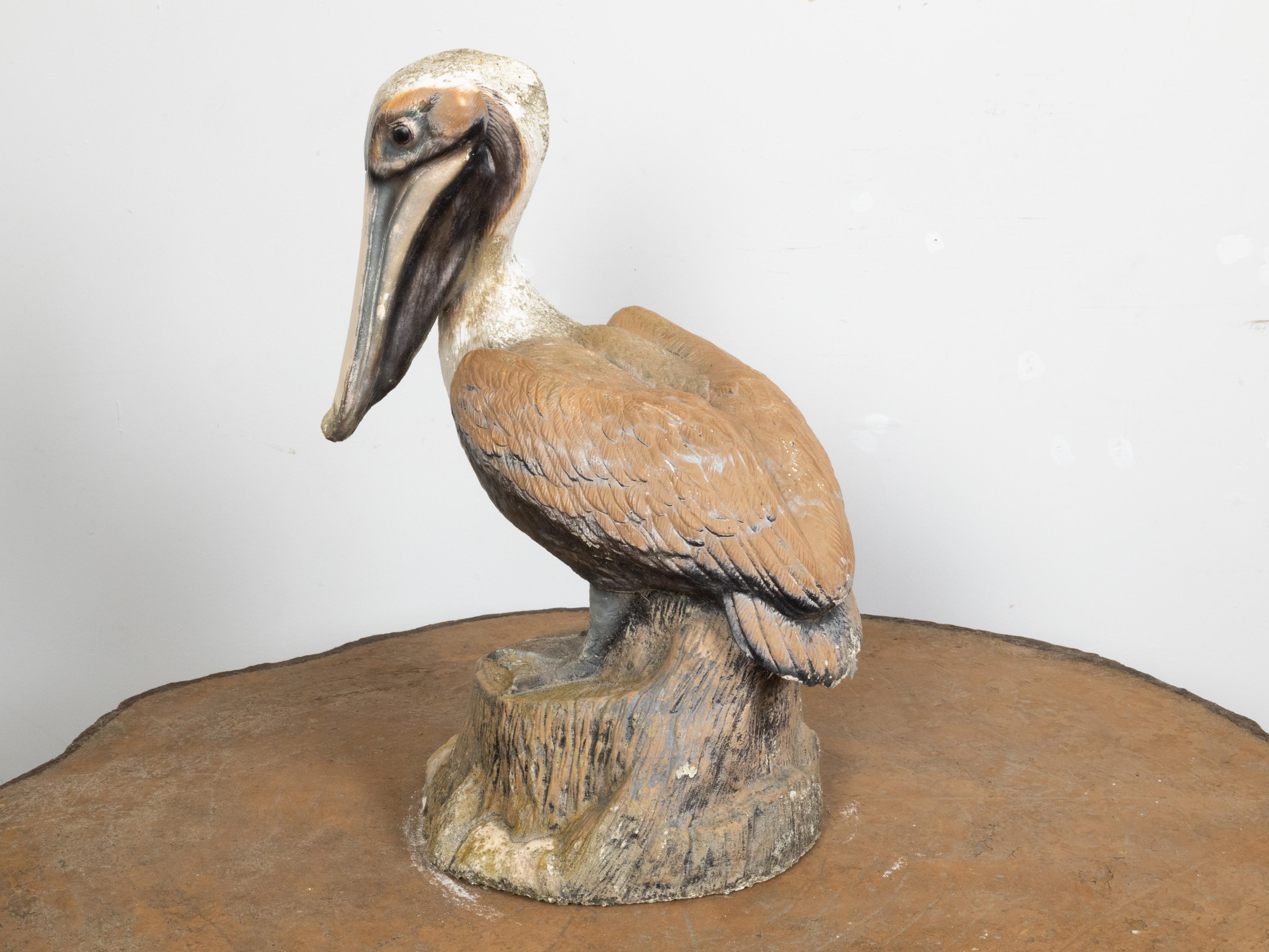 Midcentury Painted Concrete Pelican Sculpture on Base with Distressed Patina For Sale 1