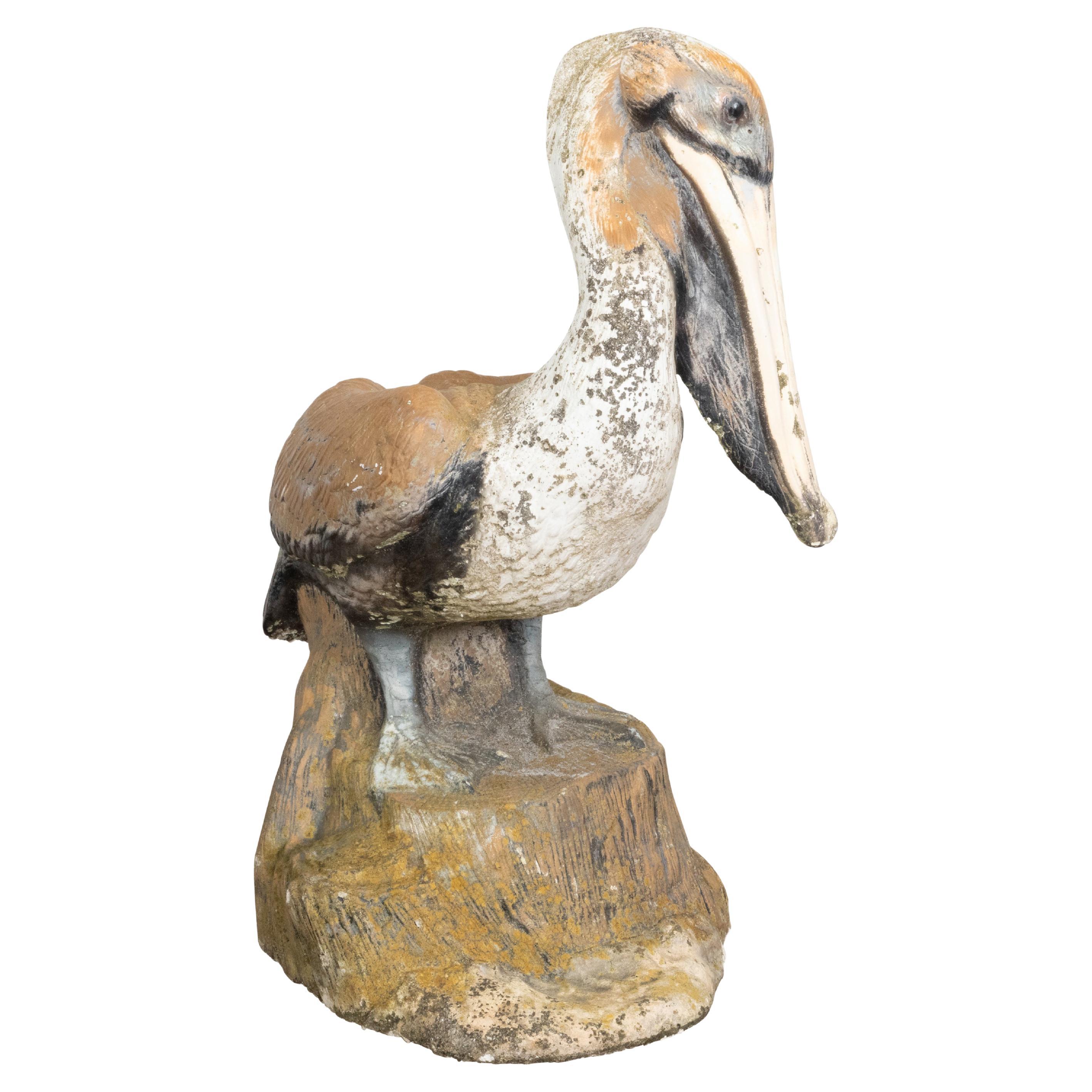 Midcentury Painted Concrete Pelican Sculpture on Base with Distressed Patina