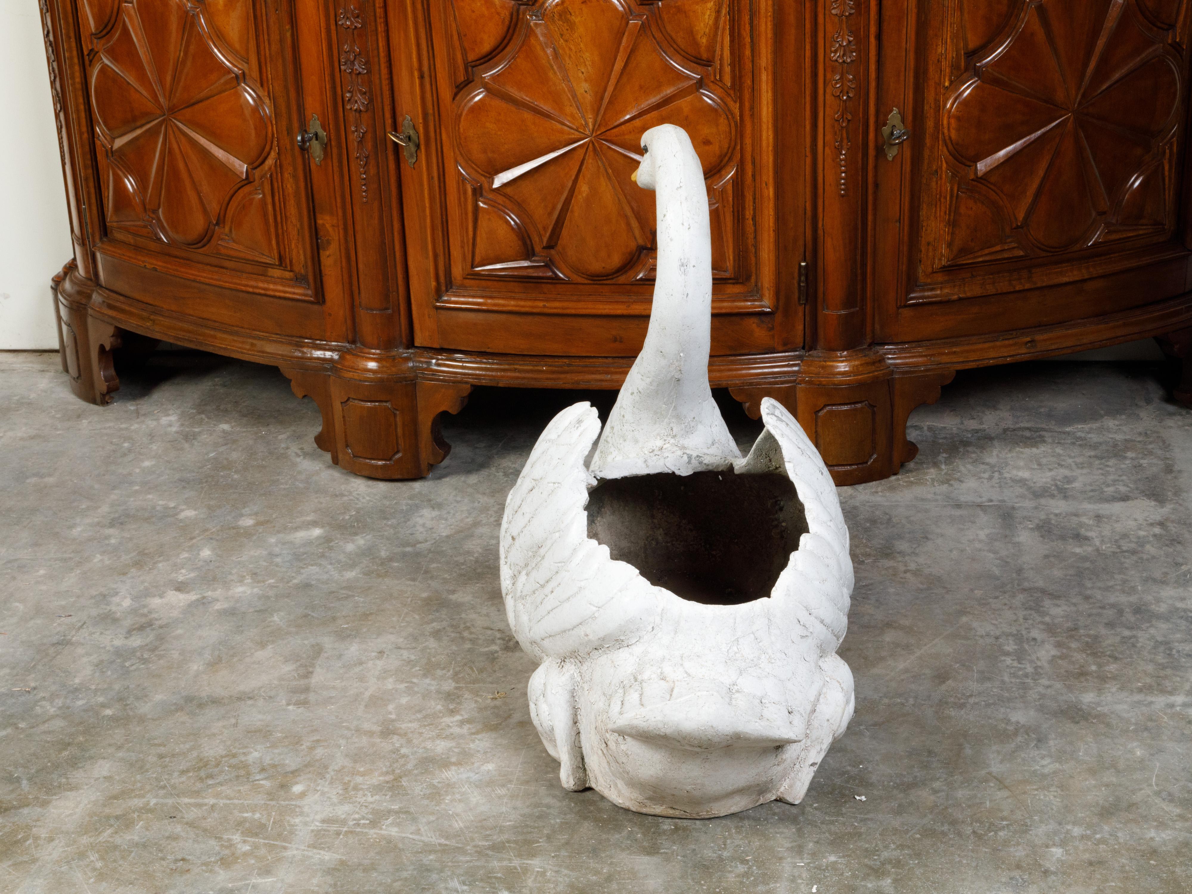 Midcentury Painted Iron Swan Planter with Weathered Appearance In Good Condition In Atlanta, GA