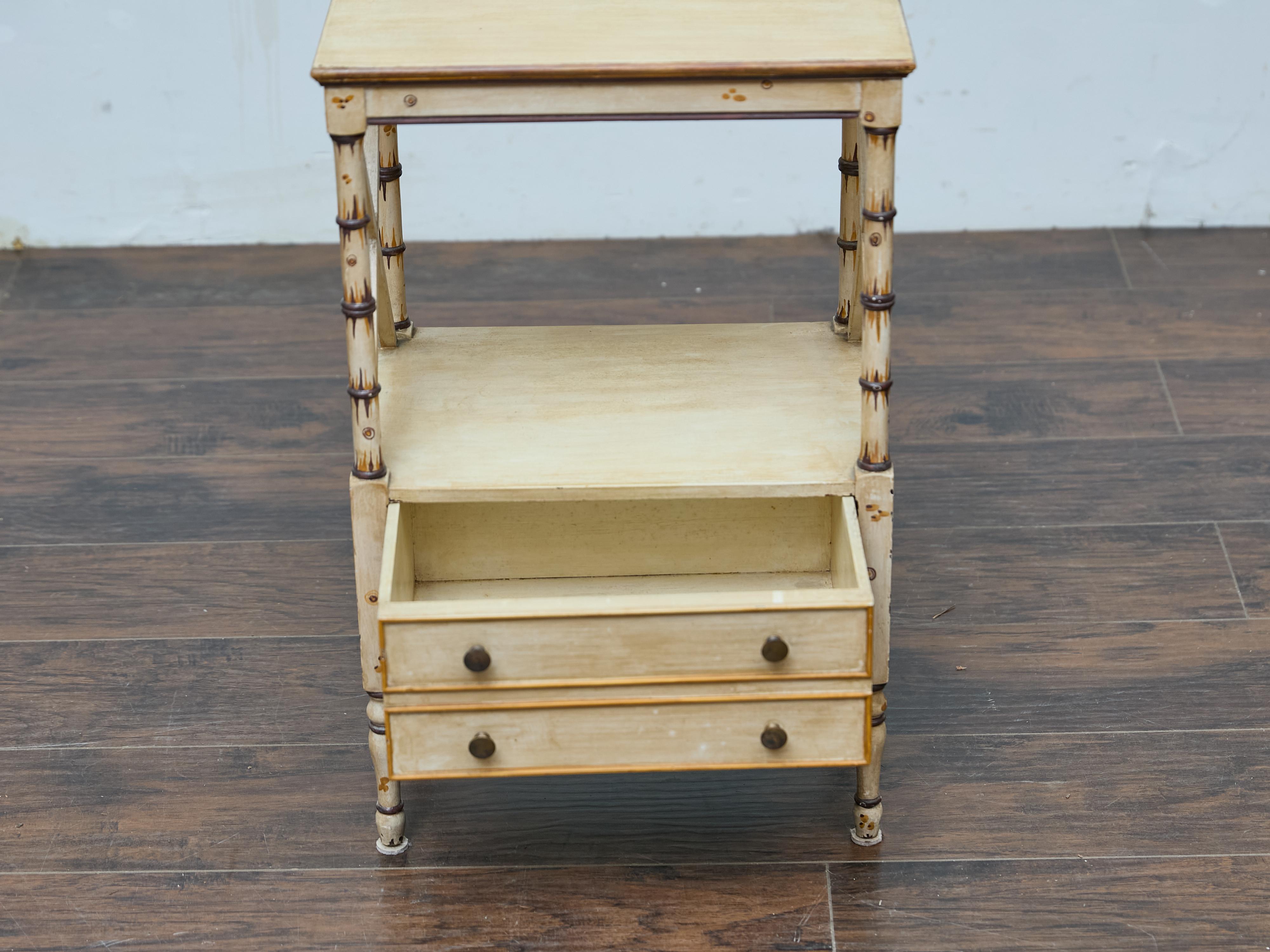 Mid-Century Modern Midcentury Painted Side Table with Faux Bamboo Supports and X-Form Stretchers For Sale