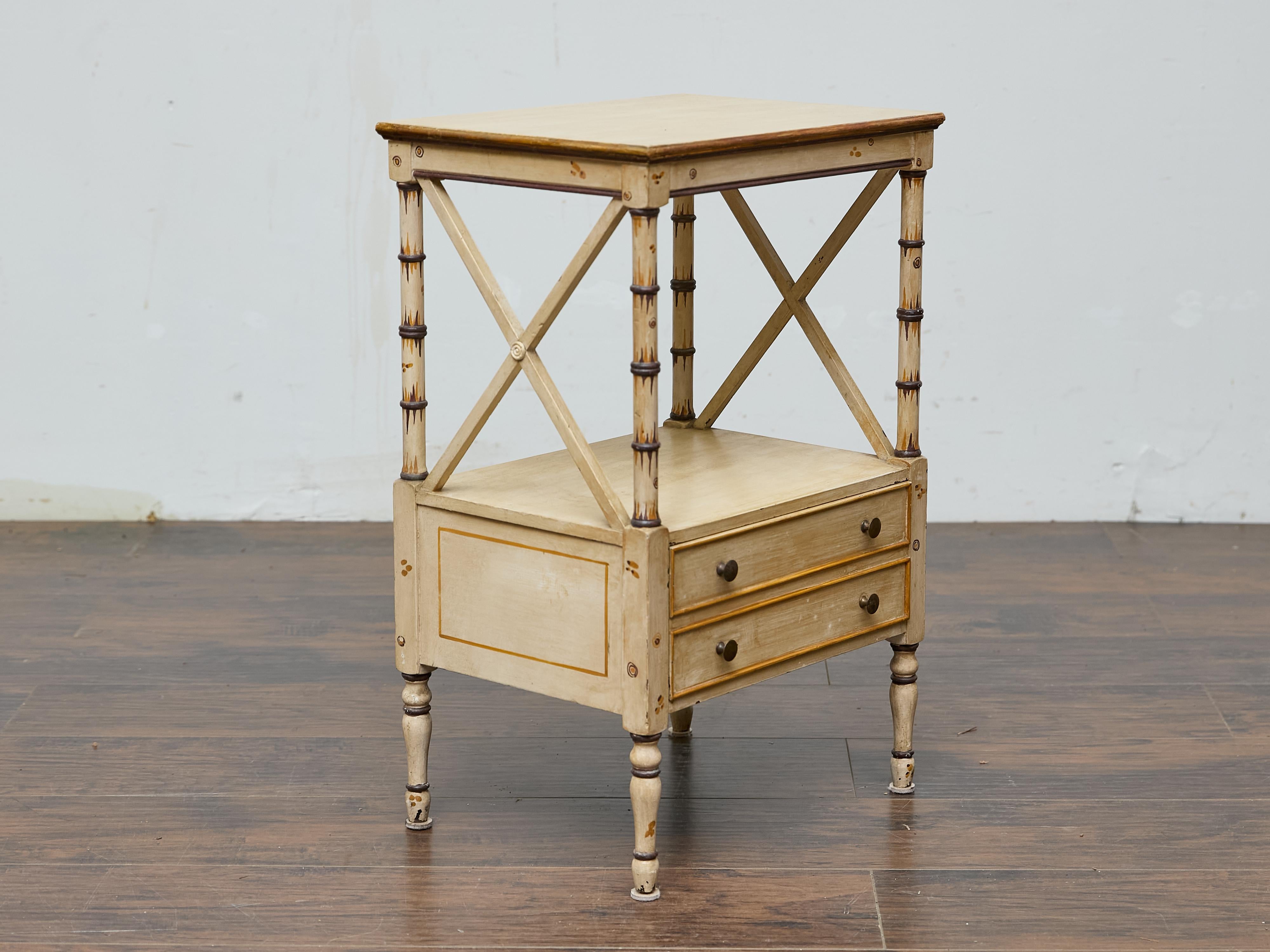 English Midcentury Painted Side Table with Faux Bamboo Supports and X-Form Stretchers For Sale