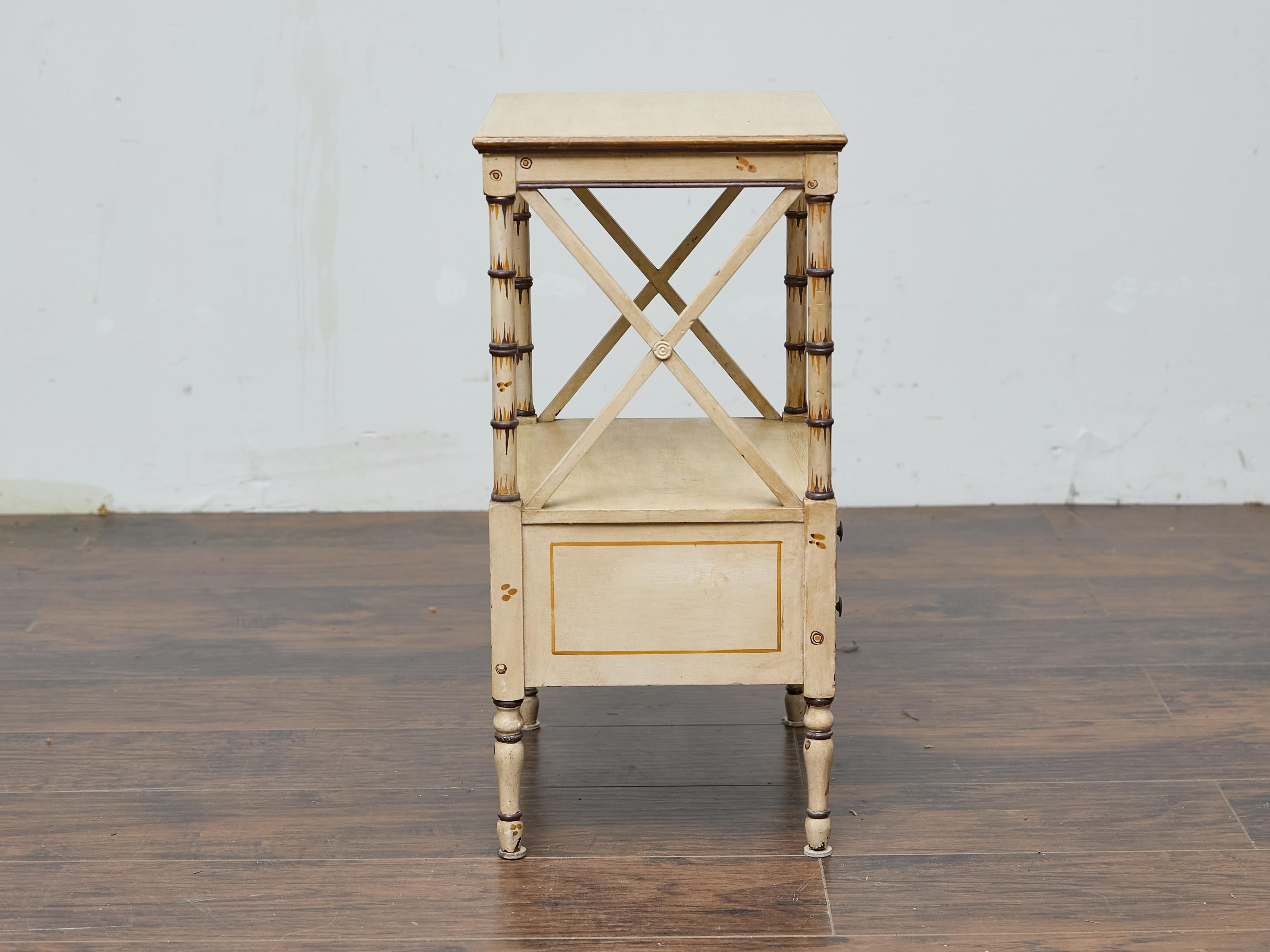 Midcentury Painted Side Table with Faux Bamboo Supports and X-Form Stretchers In Good Condition For Sale In Atlanta, GA