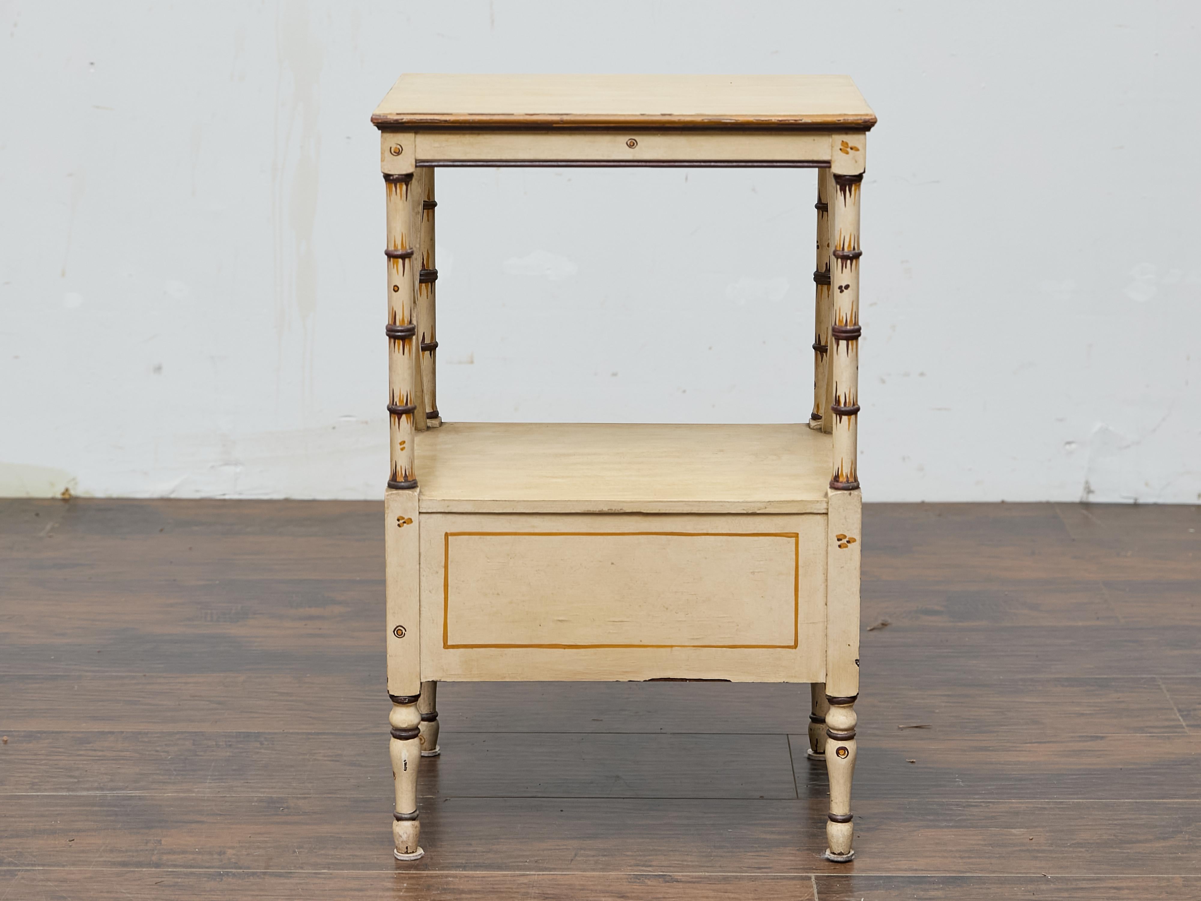 20th Century Midcentury Painted Side Table with Faux Bamboo Supports and X-Form Stretchers For Sale
