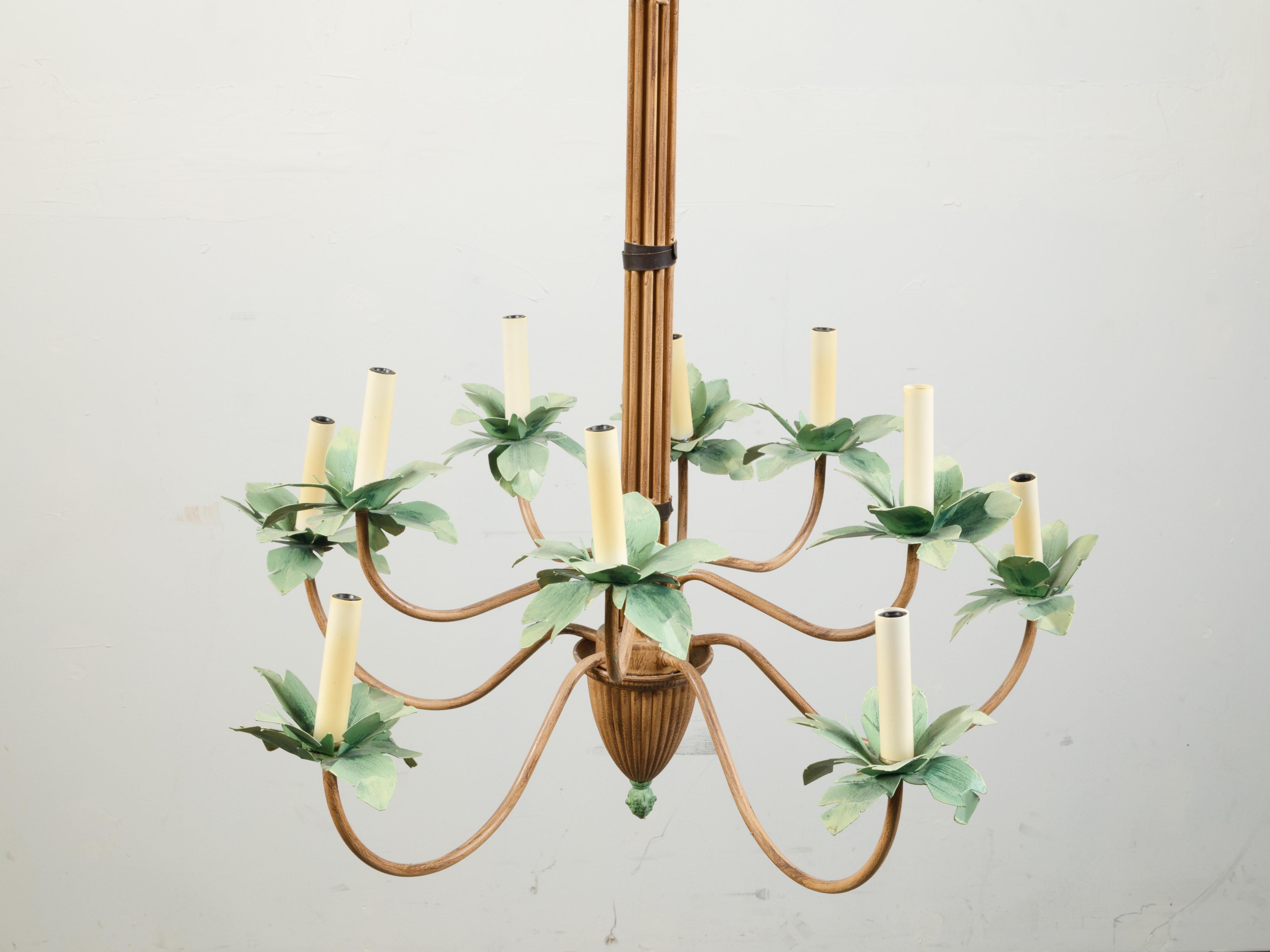 Mid-Century Painted Tôle 10-Arm Palm Tree Light Fixture with Green Leaves For Sale 5