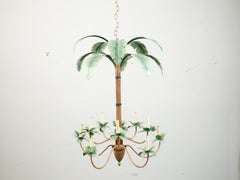 Mid-Century Painted Tôle 10-Arm Palm Tree Light Fixture with Green Leaves