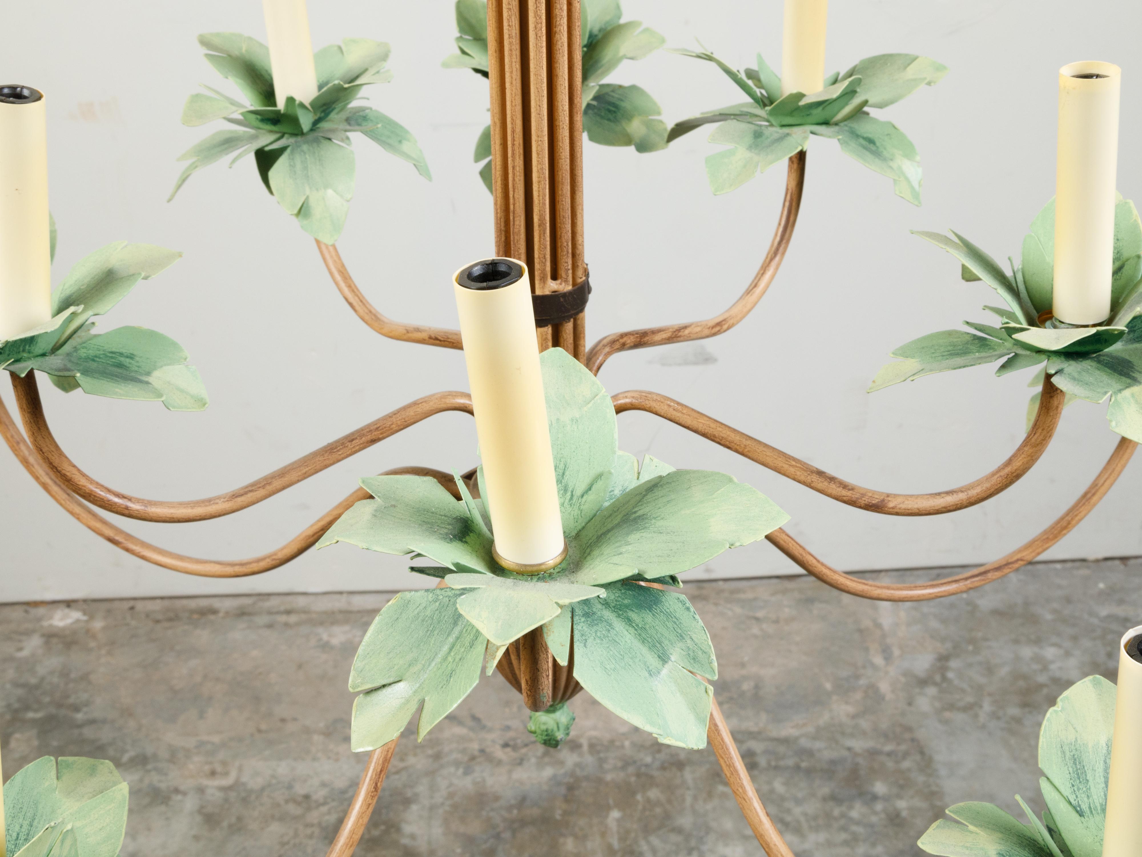 Mid-Century Modern Mid-Century Painted Tôle 10-Arm Palm Tree Light Fixture with Green Leaves For Sale